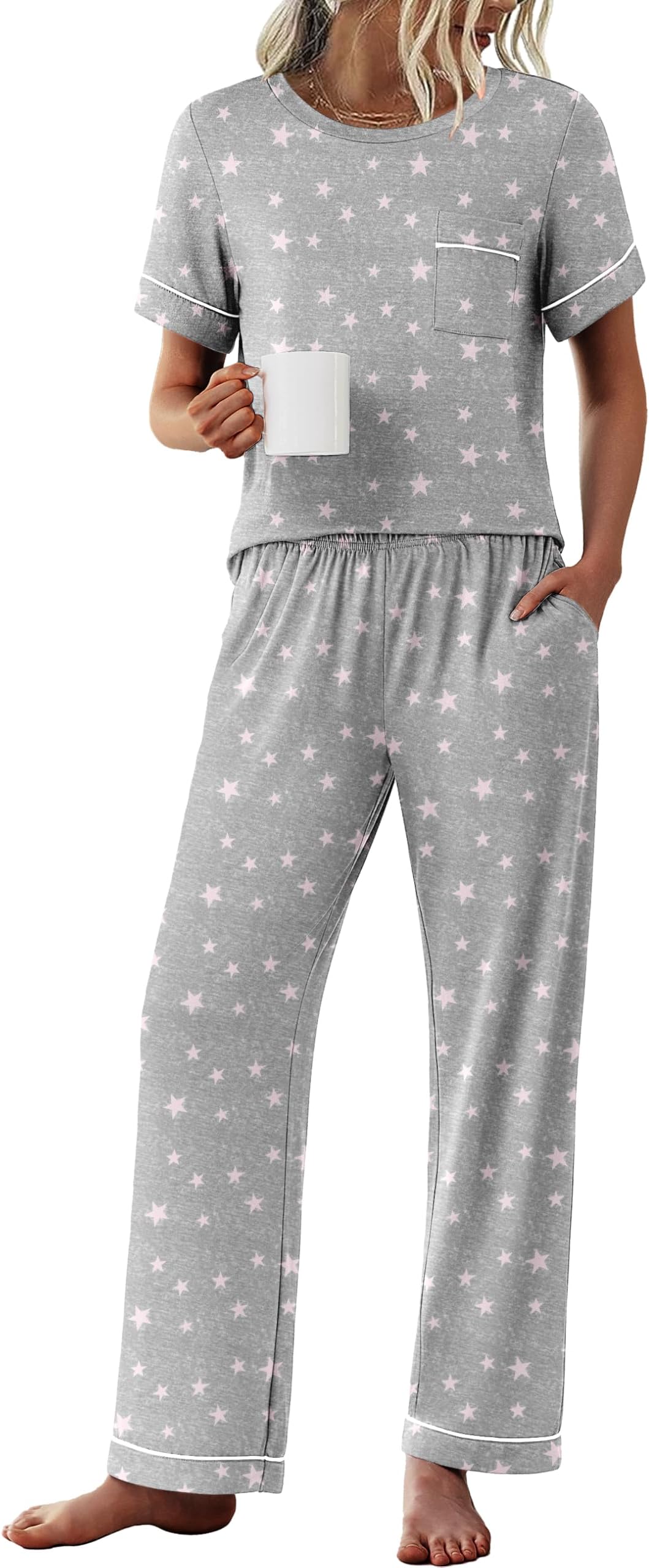 Womens Pajama Sets Short Sleeve Top and Pants 2 Piece Pjs Soft Sleepwear Comfy Lounge Set S-XXL