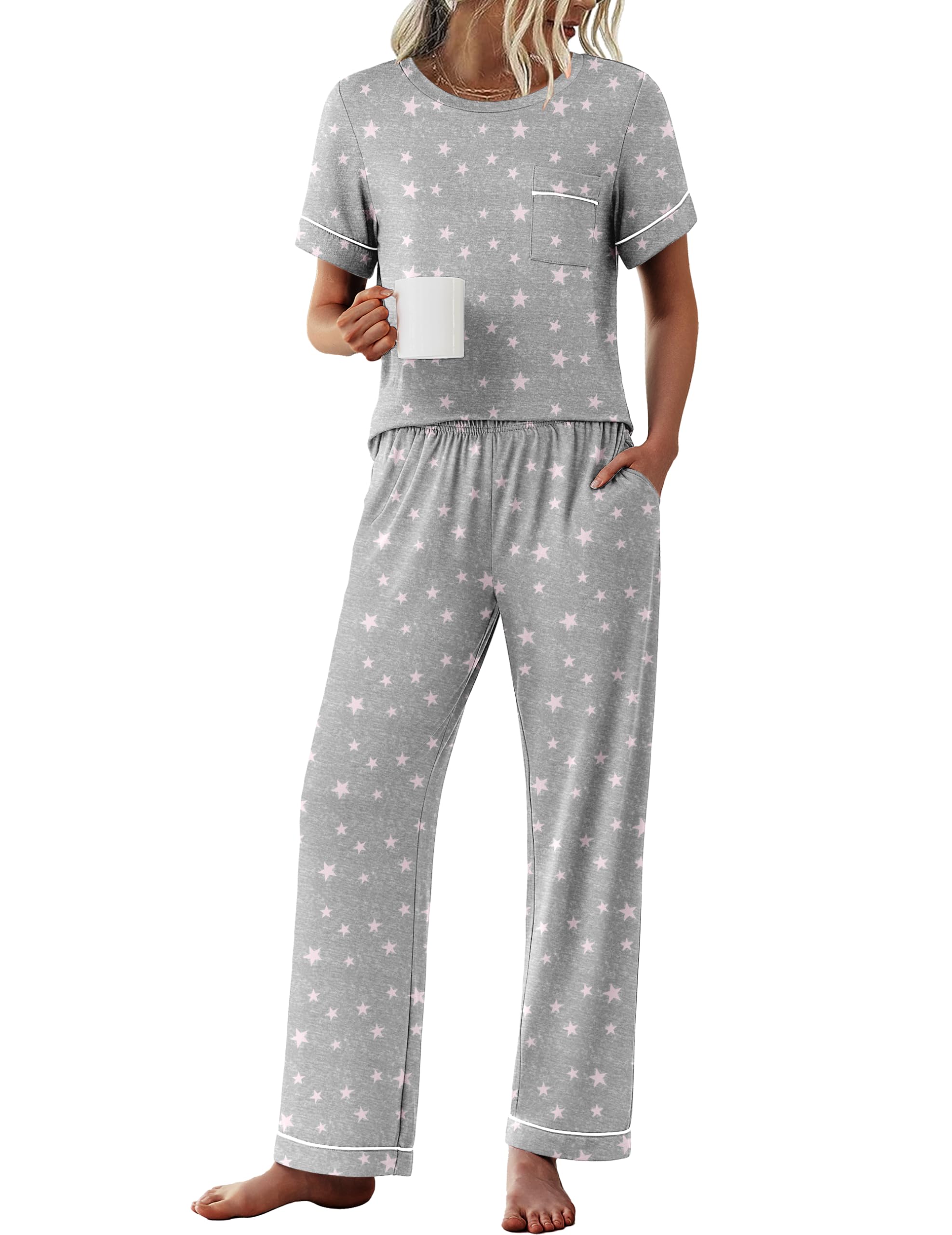 Ekouaer Womens Pajama Sets Short Sleeve Top and Pants 2 Piece Pjs Soft Sleepwear Comfy Lounge Set S-XXL