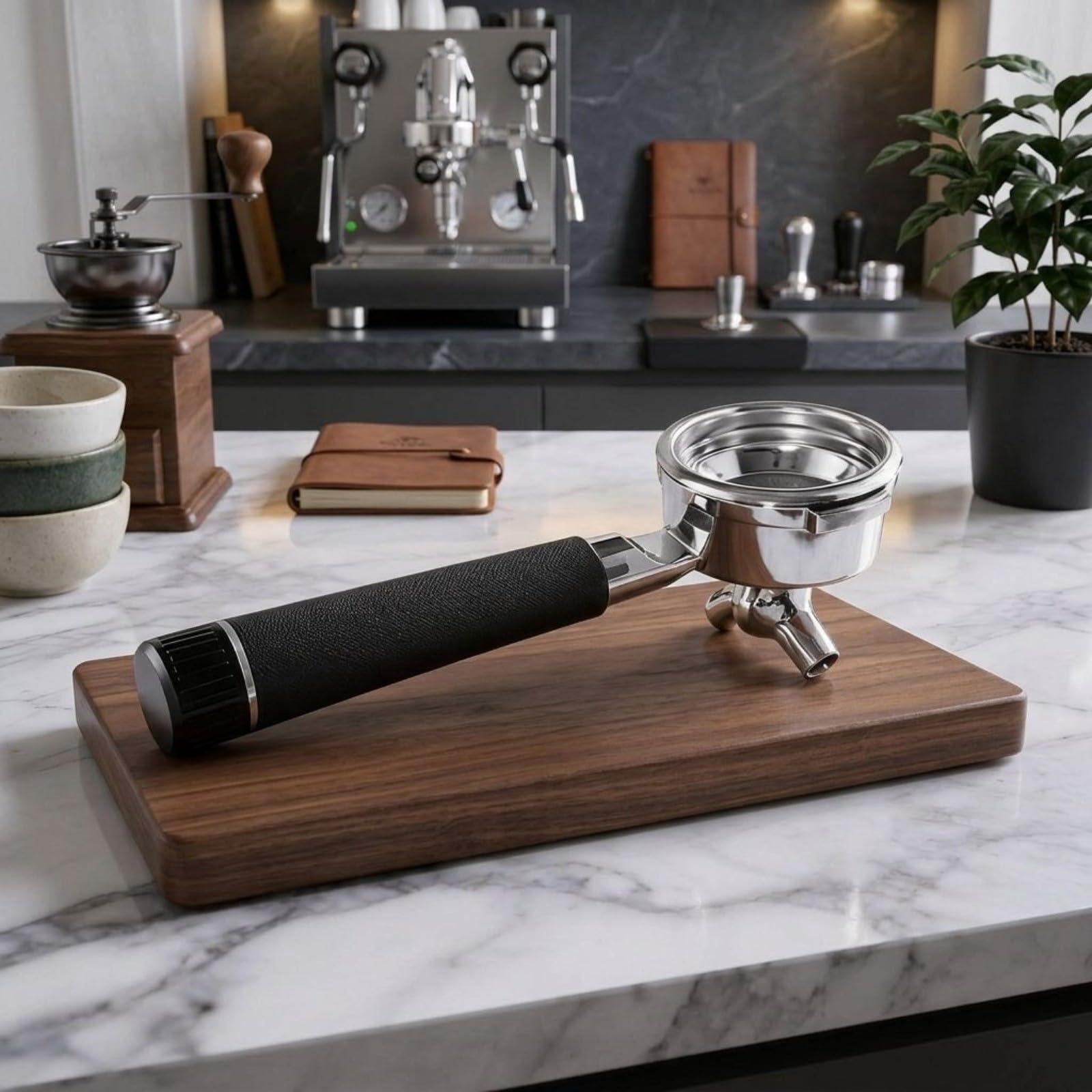 Espresso-Siebträger mit doppeltem Auslauf und Filterkorb für Breville 9er-Serie, 304 Edelstahl, abnehmbarer Griff, Aluminiumlegierung, Kaffeezubehör (Silber)