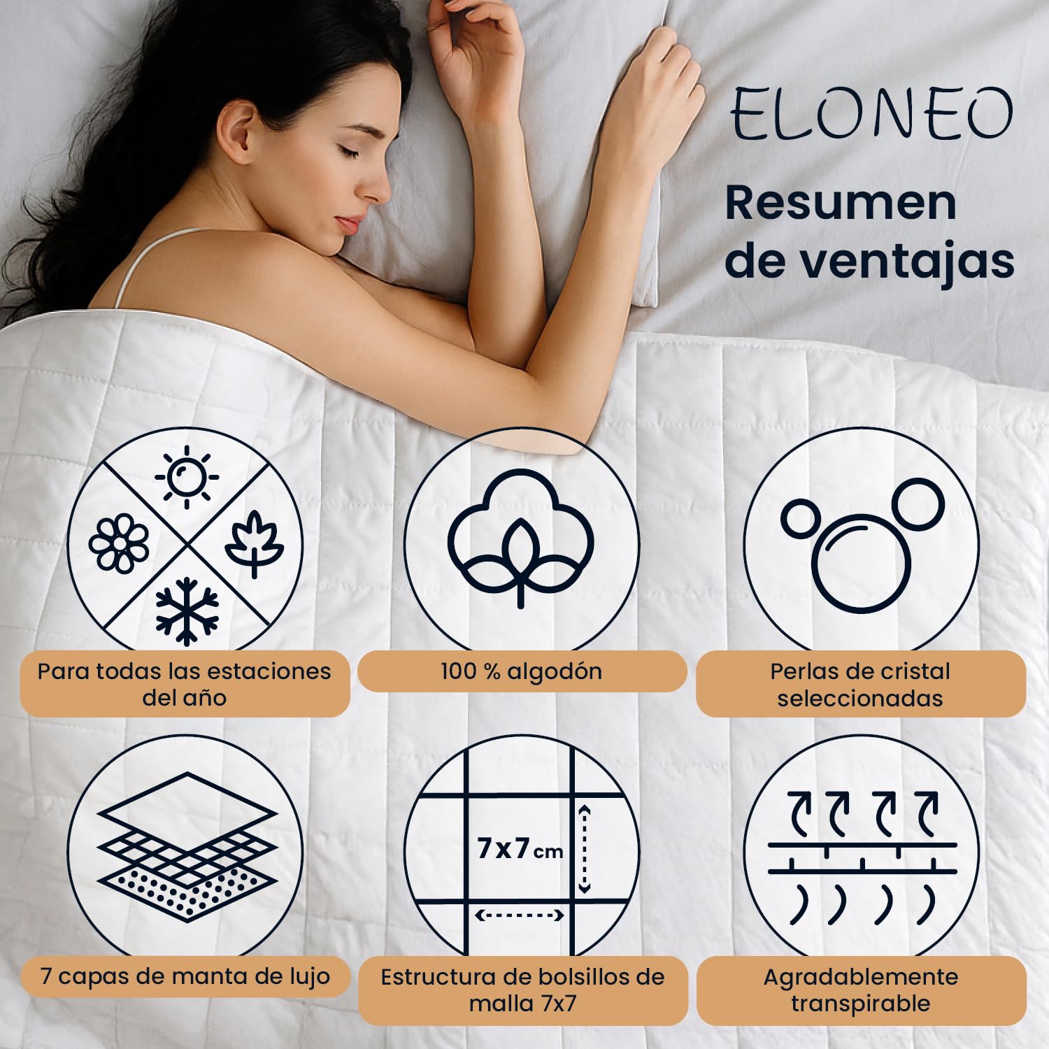 ELONEO Manta con Peso 135x200 cm con 11 kg, certificada por TÜV y Oeko-Tex, Manta Pesada para Dormir de 100% algodón