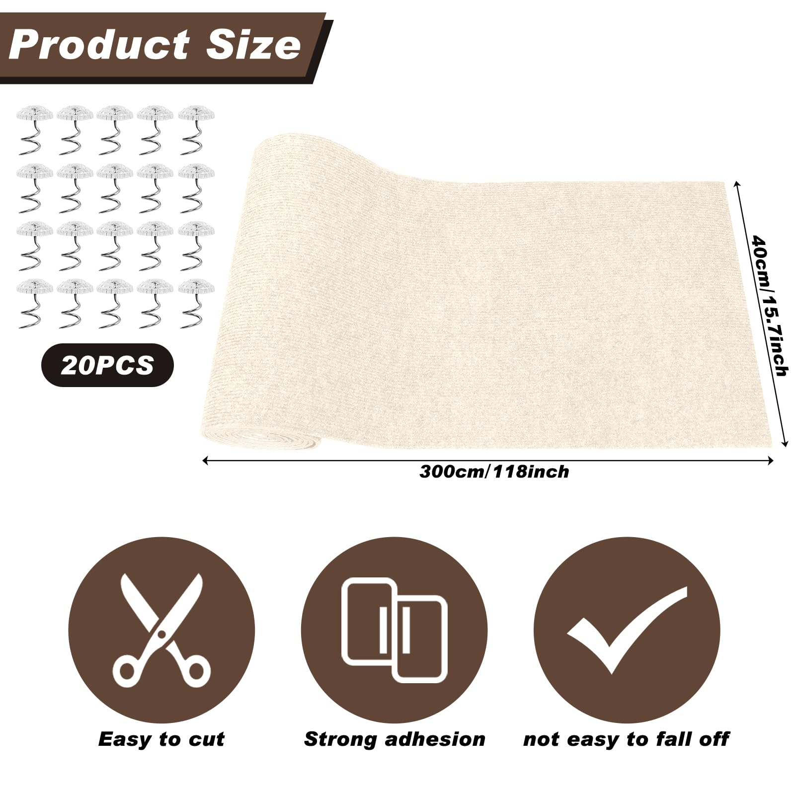 300cm x 40cm Alfombra Rascador Gatos, Tapete Rascador Gatos Autoadhesivo, DIY Recortable Protector Sofa Gatos con 20 Tornillos para Proteger Sofá Muebles Pared (Blanco Roto)