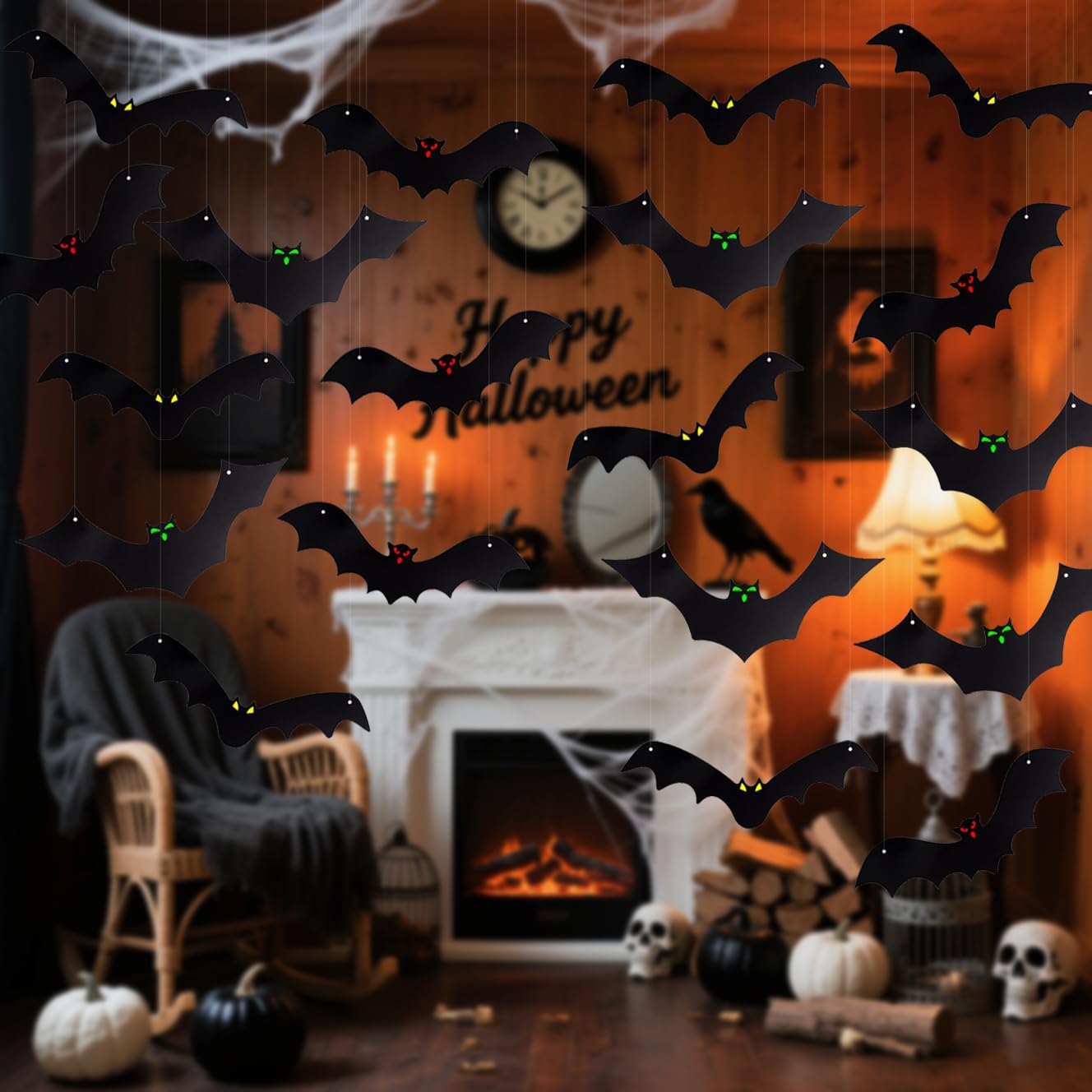 18Pcs 3D Hanging Bats Halloween Decorations Outdoor, Glow Eyes Scary Bat | 3 Styles Bat Decor for Yard Tree Porch，Glow-In-The-Dark Eyes for Spooky Outdoor Yard Decor