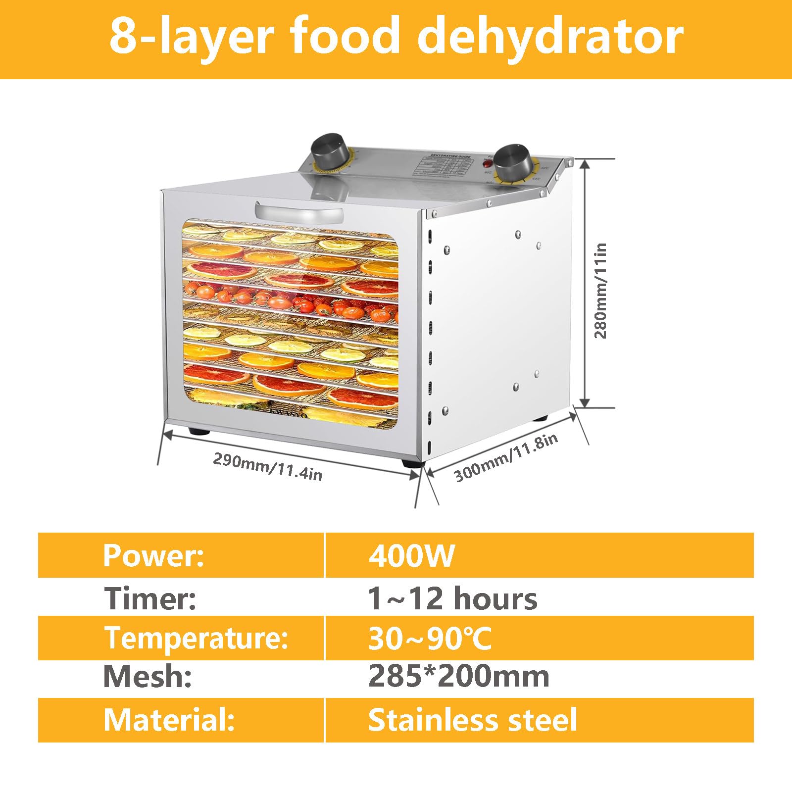 Essiccatore Alimentare, Essiccatore Alimentare in Acciaio Inox,Disidratatore, Temperatura Fino a 90℃ E Timer 12h, 6-18 Vassoi,con Temporizador 8-Layer