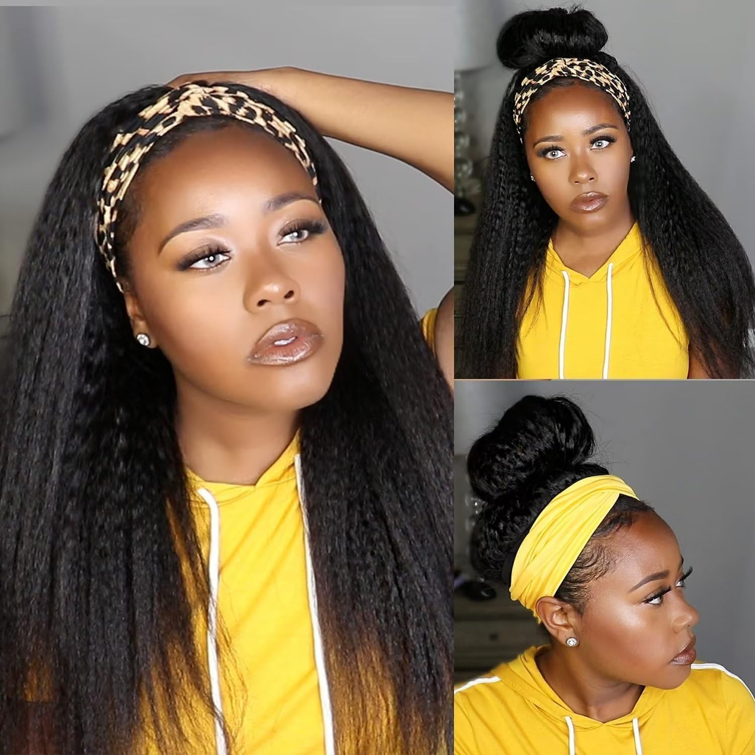 Kinky Straight Headband Wig Human Hair 180% Density 12A Headband Wigs for Women Glueless Yaki Headband Human Hair Machine Made Can Last 6-9 Months Life Natural Black Color 14 Inch