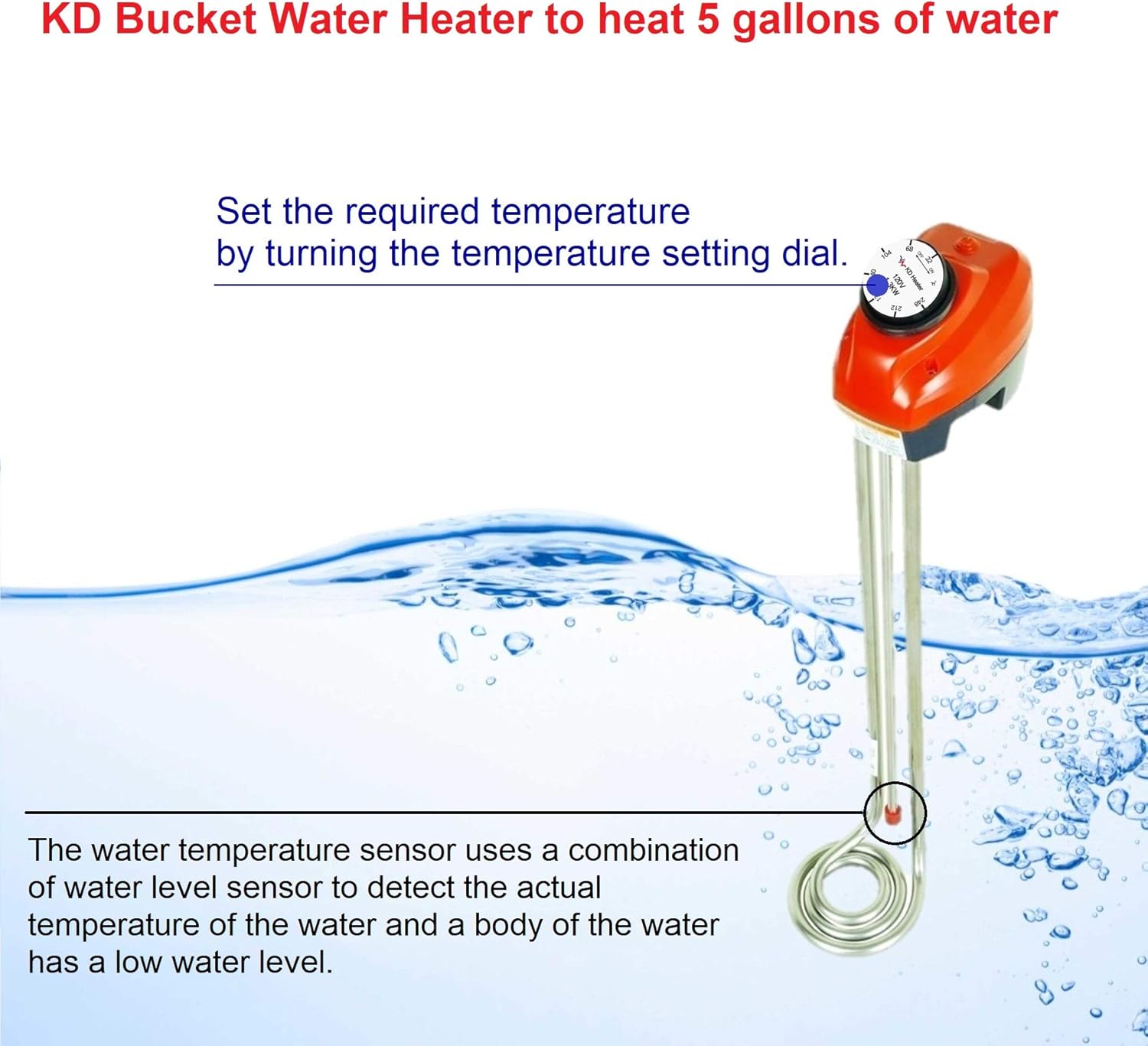 KD 1300W Immersion Bucket Water Heater, Auto Shutoff, Overheating Prevention, Auto Water Level Senor, Adjustable Thermostat, Easy-to-Use (RED / 1300 WATT) - - 