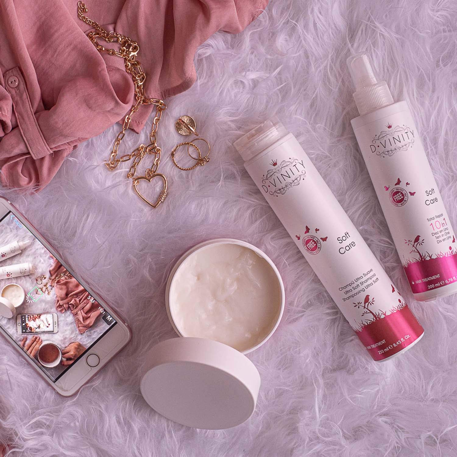 D.VINITY Kit Belleza Soft Care - Pack Regalo para Mujer, Champú, Mascarilla, Acondicionador sin Aclarado, Cabellos Sensibles, Sin Parabenos Ni Siliconas