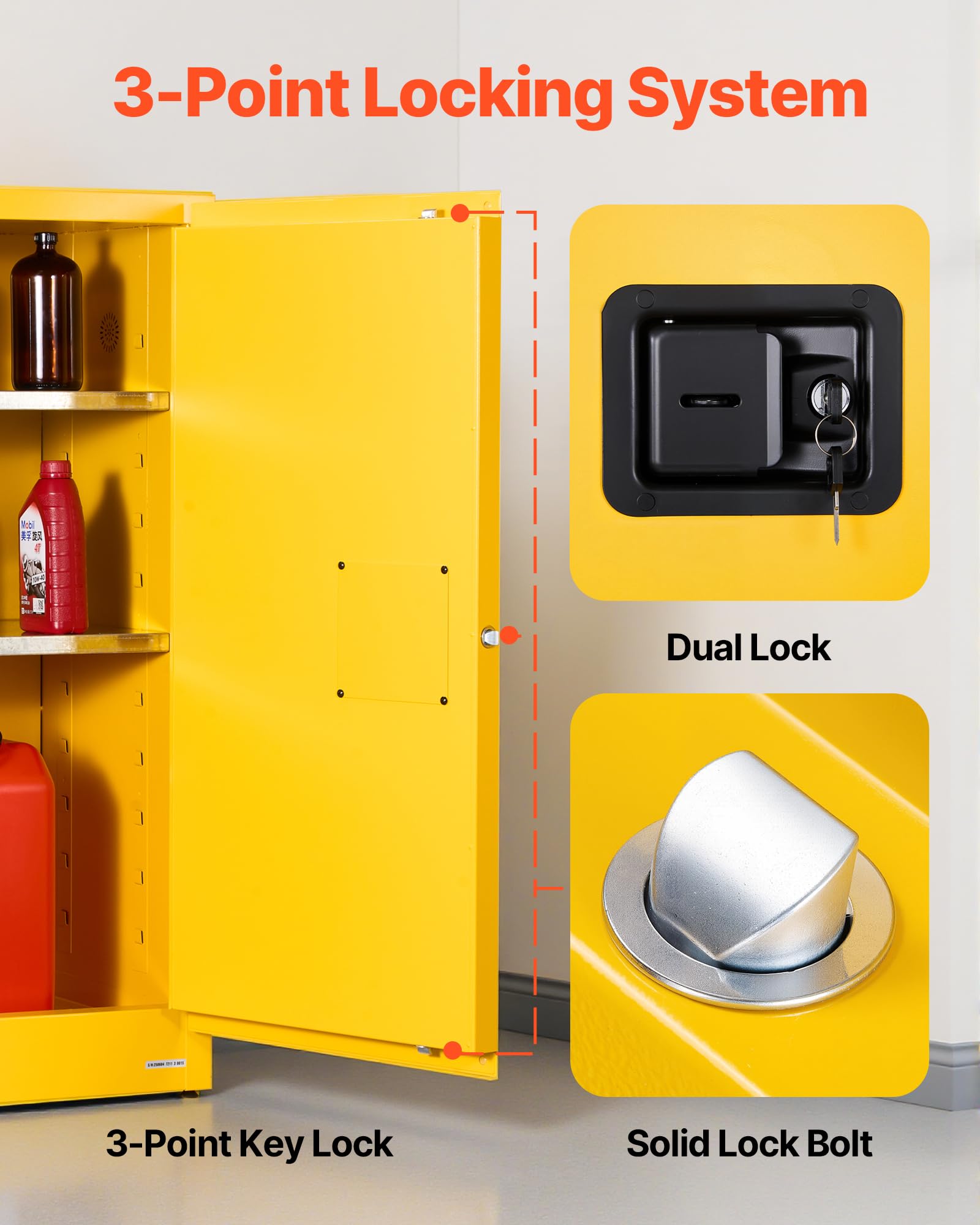 VEVOR feuerlöschfähiger brennbarer Lagerschrank (110 L) mit verstellbarem Regal, aus kaltgewalztem & verzinktem Stahl, Gelb Schutzschrank Gefahrstoffschrank