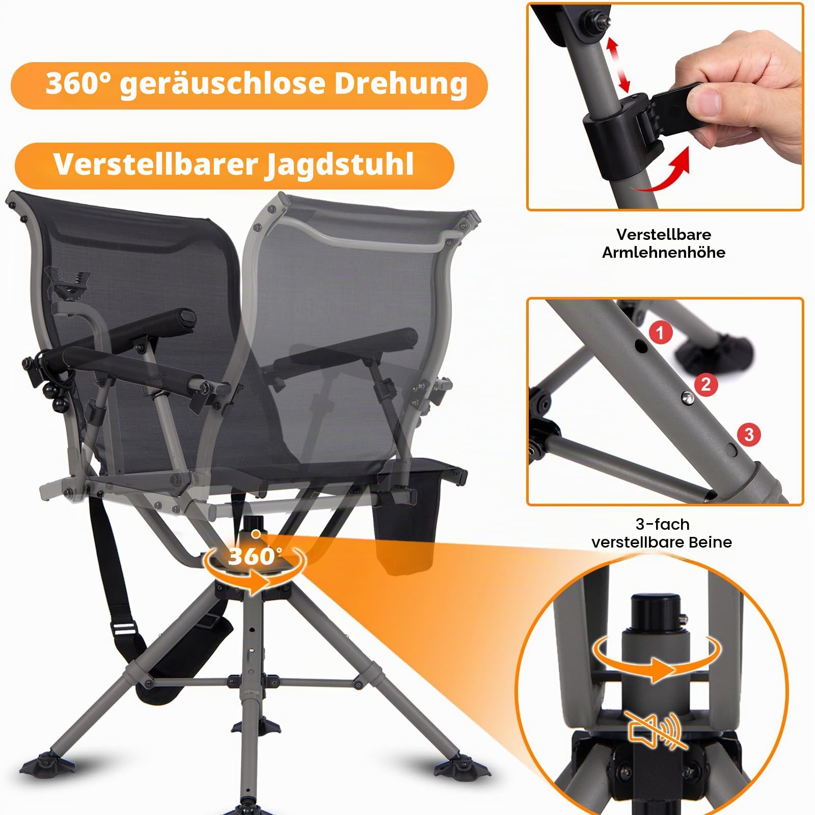 KOMFOTTEU Jagdstuhl, 360° drehbarer Klappstuhl, Campingstuhl mit verstellbaren Beinen & Gewehrhalterung, Schießstuhl Anglerstuhl tragbar mit Tasche für Camping, Jagen, Angeln (Modell 2)