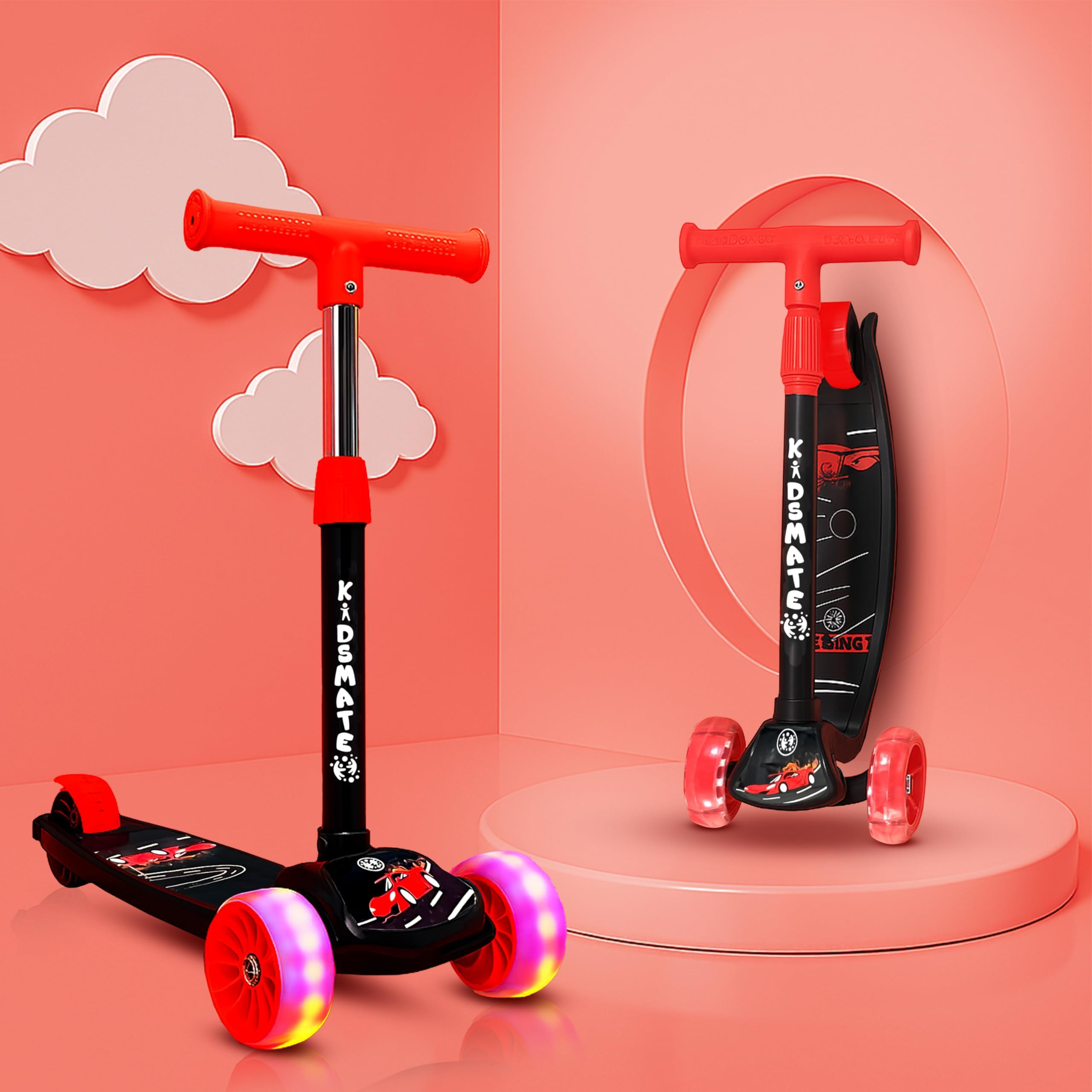 Kidsmate Rider Pro Kick Scooter with Broad PU LED Wheels | 3-Wheel Skating Scooter for Boys & Girls of Ages 2-12 Years | Level Adjustable Height, and Easy Fold Design (Black)