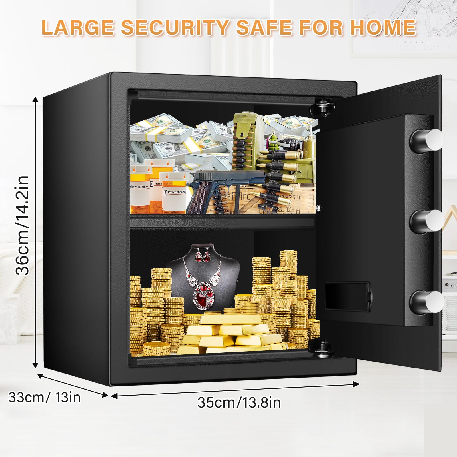 Cassaforte da 50 l, grande cassaforte per la casa, cassaforte con serratura a combinazione, chiave, ripiano rimovibile, cassaforte di sicurezza digitale per denaro, documenti, medicinali, oggetti di
