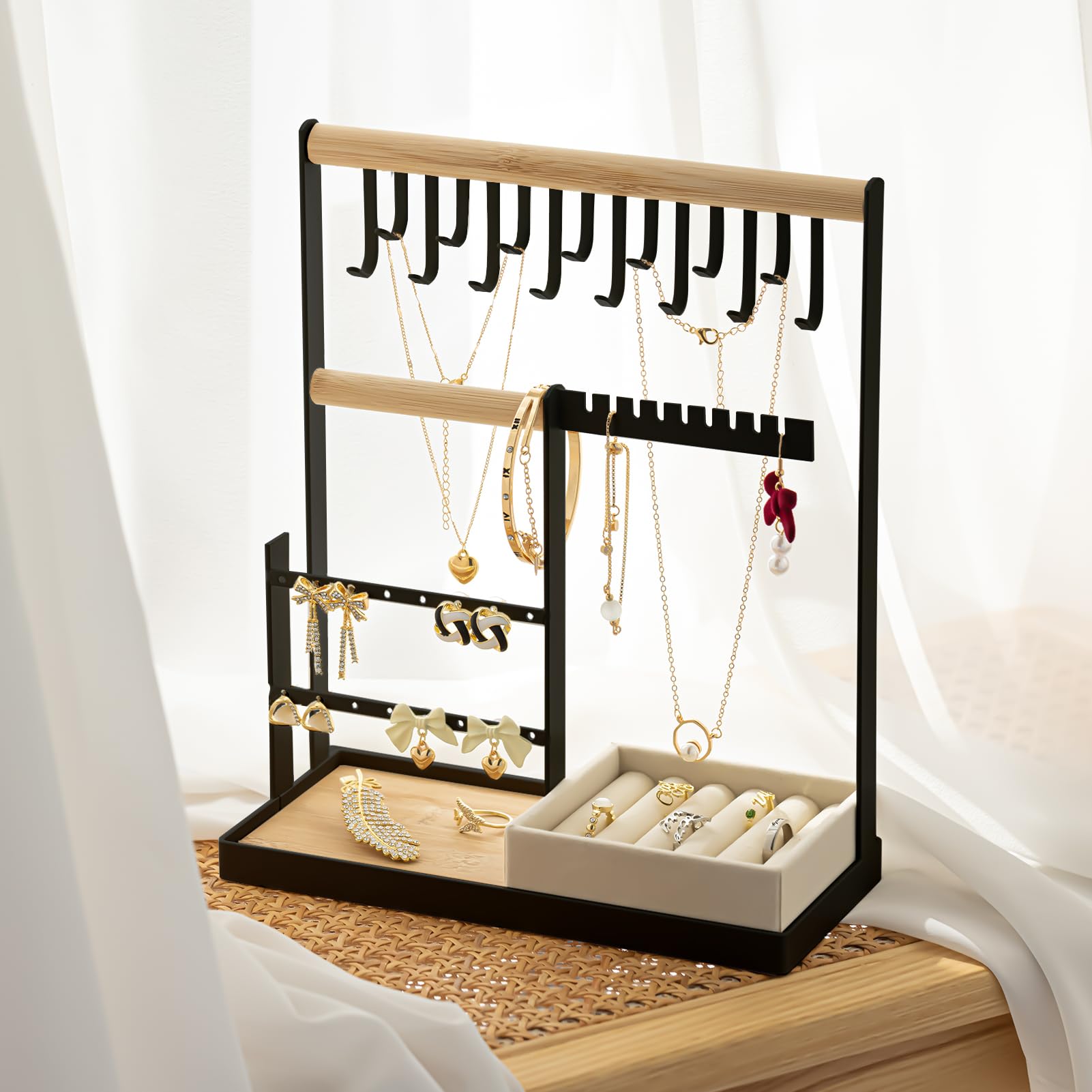 Jewelry Organizer Stand with Velvet Ring Holder, 4 Tier Jewelry Tower with 15 Hooks Necklace Organizer and Watch Bracket Holder, Jewelry Stand with 16 Holes for Earring Organizer Holder, Black