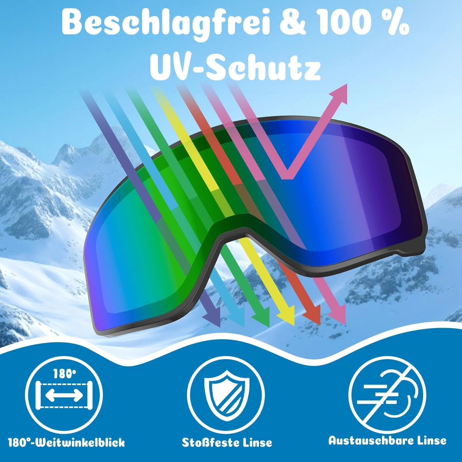 COOLOO Skibrille Kinder, Ski Brille für Brillenträger 100% UV-Schutz & Anti Fog Auswechselbare Linsen Rutschfestes Kopfband Kompatibler Helm Snowboardbrille für Kinder 3-14 Jahre