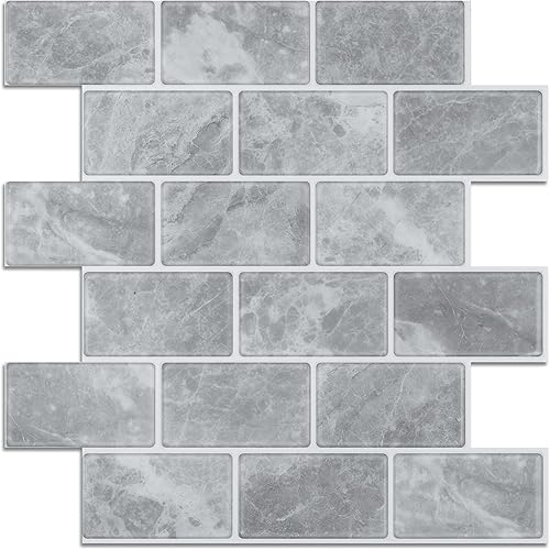 Lagute Azulejo adhesivo para salpicaduras de azulejos de metro de mármol con lechada gris para cocina y baño, impermeable (diseño más grueso) 12 x