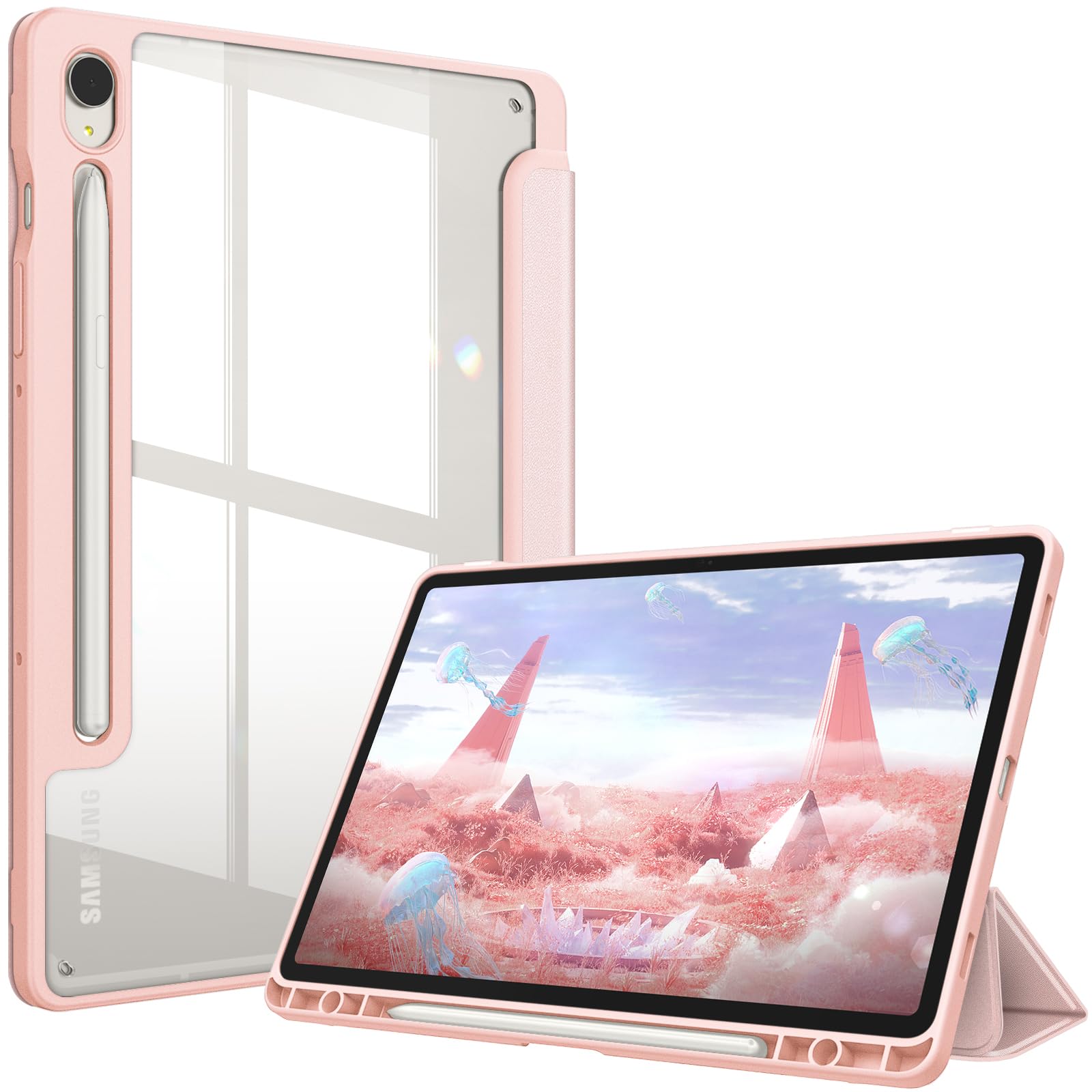 FINTIE Hybrid Slim Case for Samsung Galaxy Tab S9 11 Inch 2023 Model (SM-X710/X716/X718) with S Pen Holder, Shockproof Cover with Clear Transparent Back Shell, Auto Wake/Sleep, Rose Gold