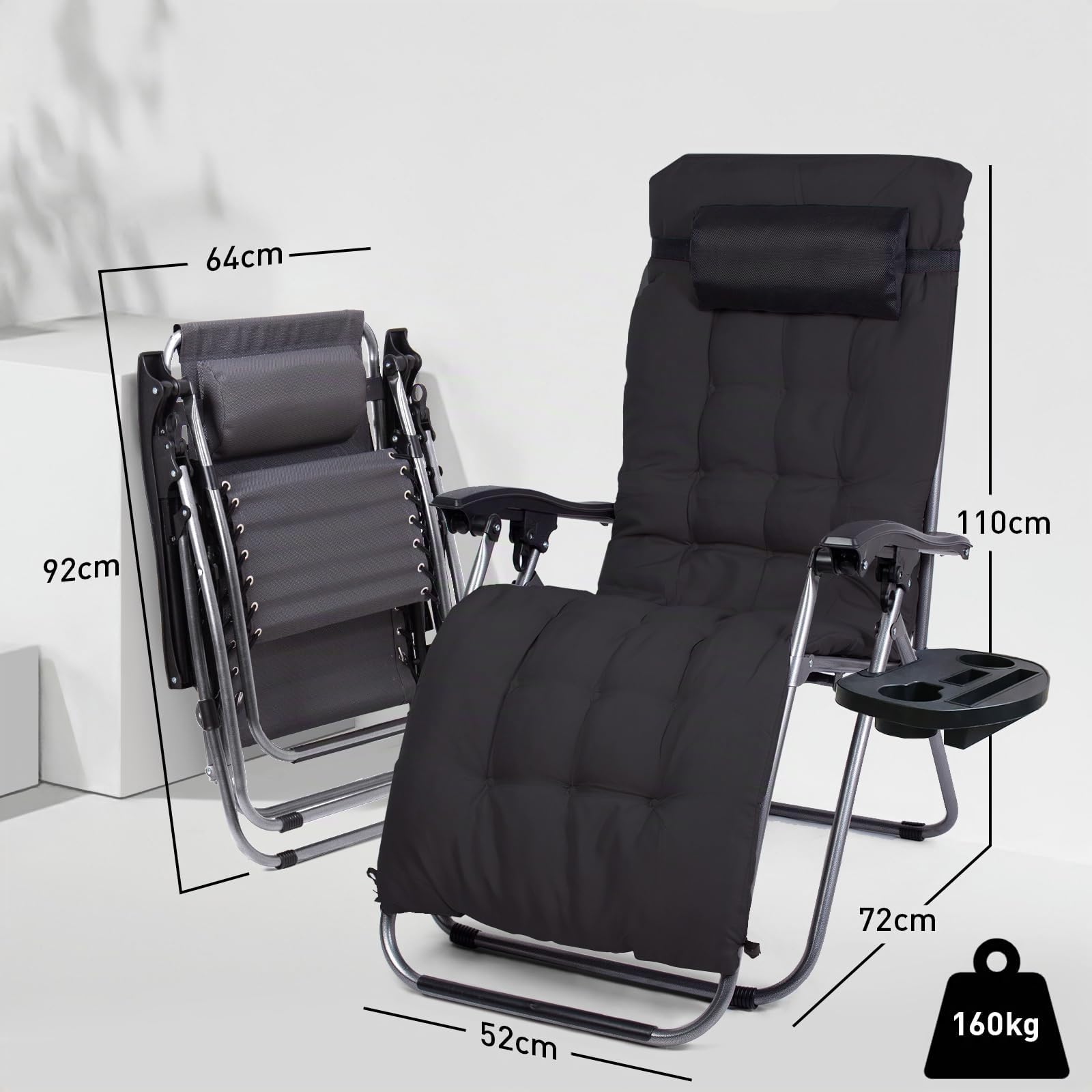 Chaise Longue Pliante 2 in 1 avec Coussin amovible, Transat de Plage, Noir | Porte-gobelet, d’accoudoirs Réglables, Respirantes Textilène, Bain de Soleil pour la Piscine de Jardin.