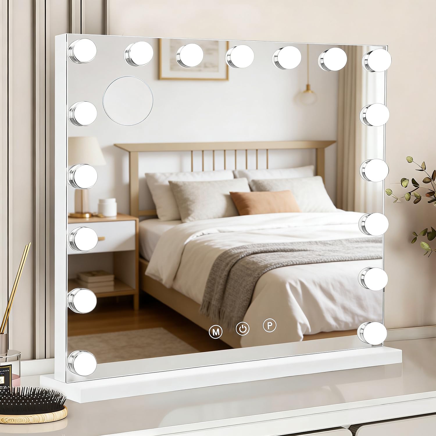 Ruication Hollywood Vanity Mirror with Lights, 60×52cm Large Lighted Makeup Mirror with 17 Dimmable Bulbs, 3 Color Modes, Touch Screen Control, Tabletop or Wall Mounted Cosmetic Mirror For Bedroom
