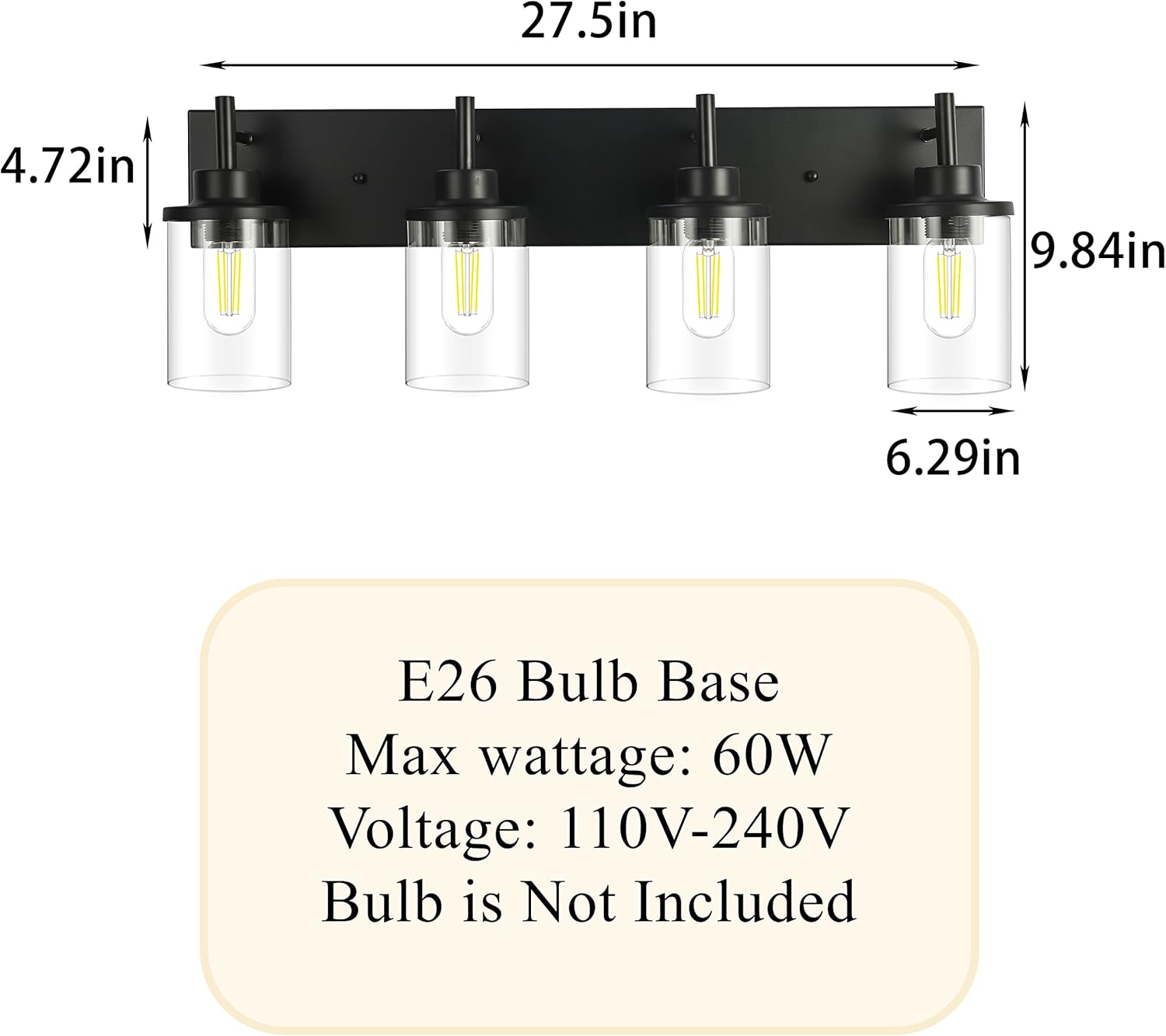 Vanity Light Fixtures, Matte Black Bathroom Light Fixtures Over Mirror, Modern Wall Sconces Lamp with Clear Glass Shade (4 Light)