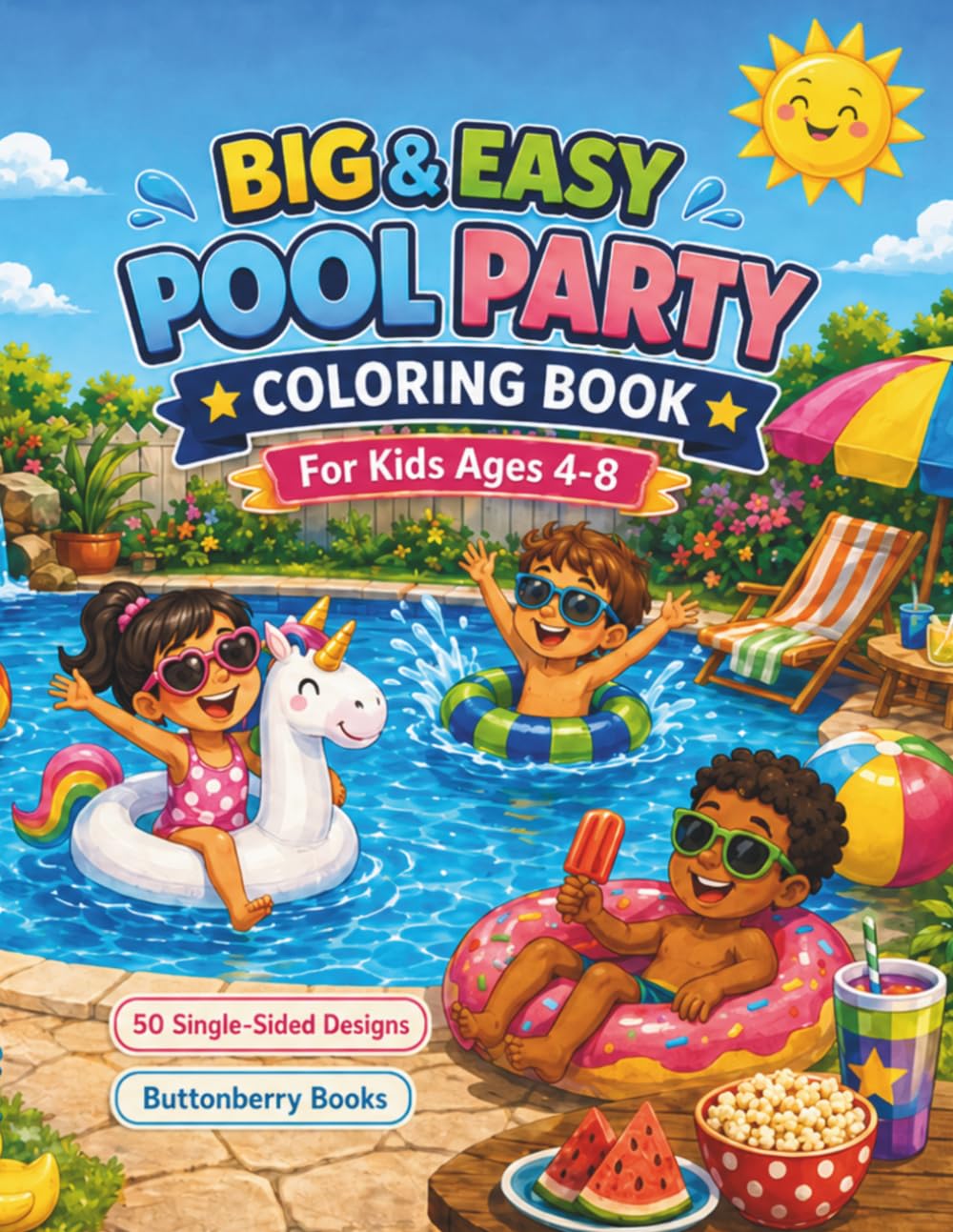Pool Party Coloring Book for Kids Ages 4-8: 50 Big and Easy Summer Coloring Pages with Pool Fun, Swimming, Floaties, Water Games, Sunshine and ... (Buttonberry Big & Easy Coloring Books)