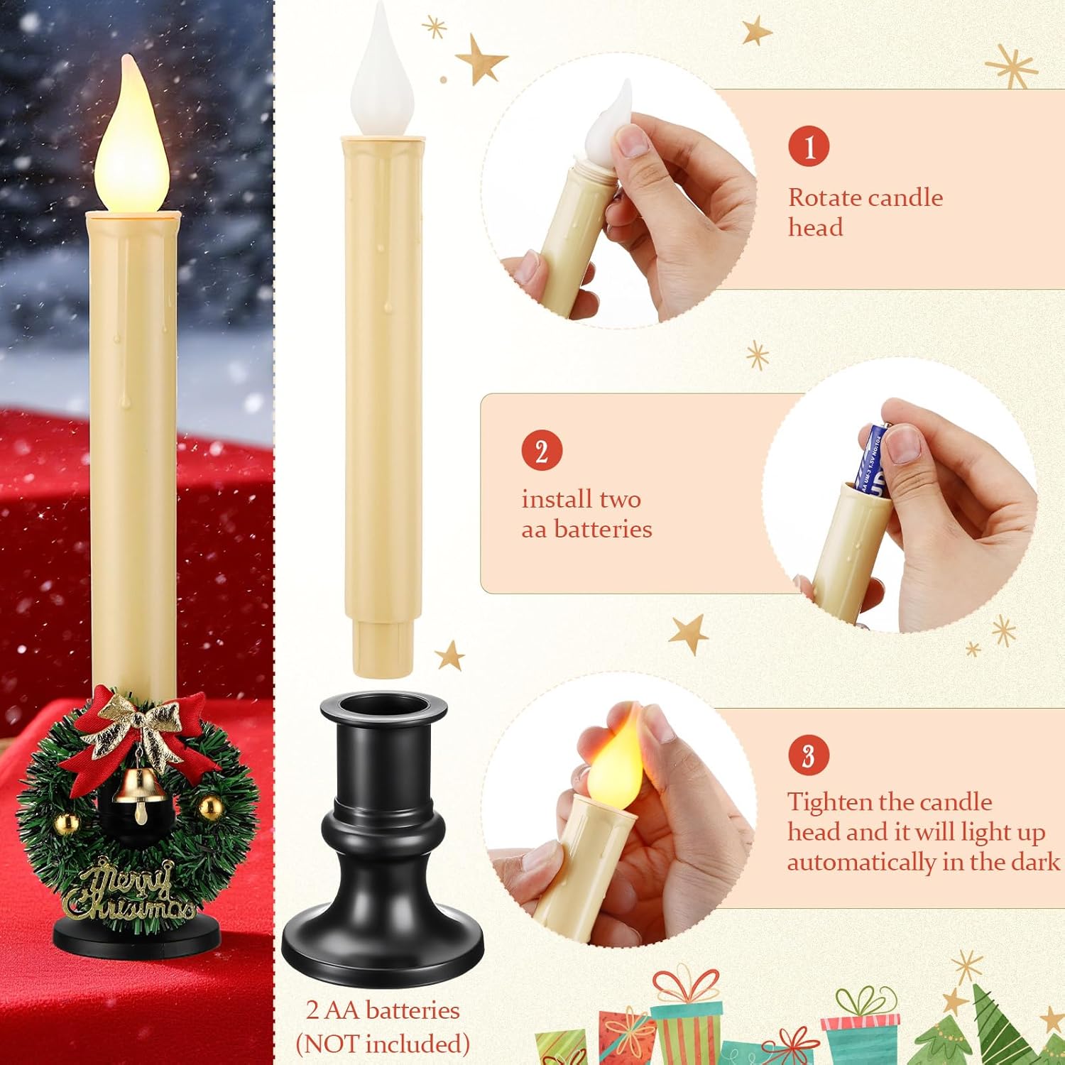 Baquler 20 Pieces Christmas Window Candle Lights with Sensor Dusk to Dawn Battery Operated Flameless LED Candles with Wreath and Candle Holders Bulk for Xmas Holiday Party Decor