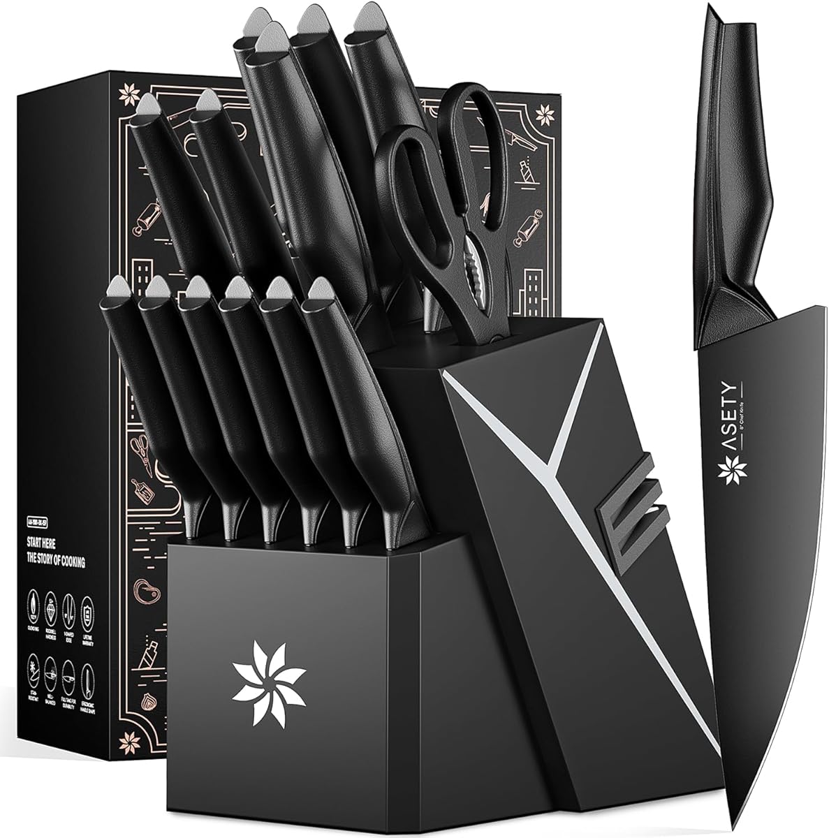 Kitchen Knife Sets with Block -15 PCS Knife Set with Bulti-in Sharpener, Dishwasher Safe, Stainless Steel Kitchen Knife with Ergonomic Handles, Sharp knives for Men and Women,Black