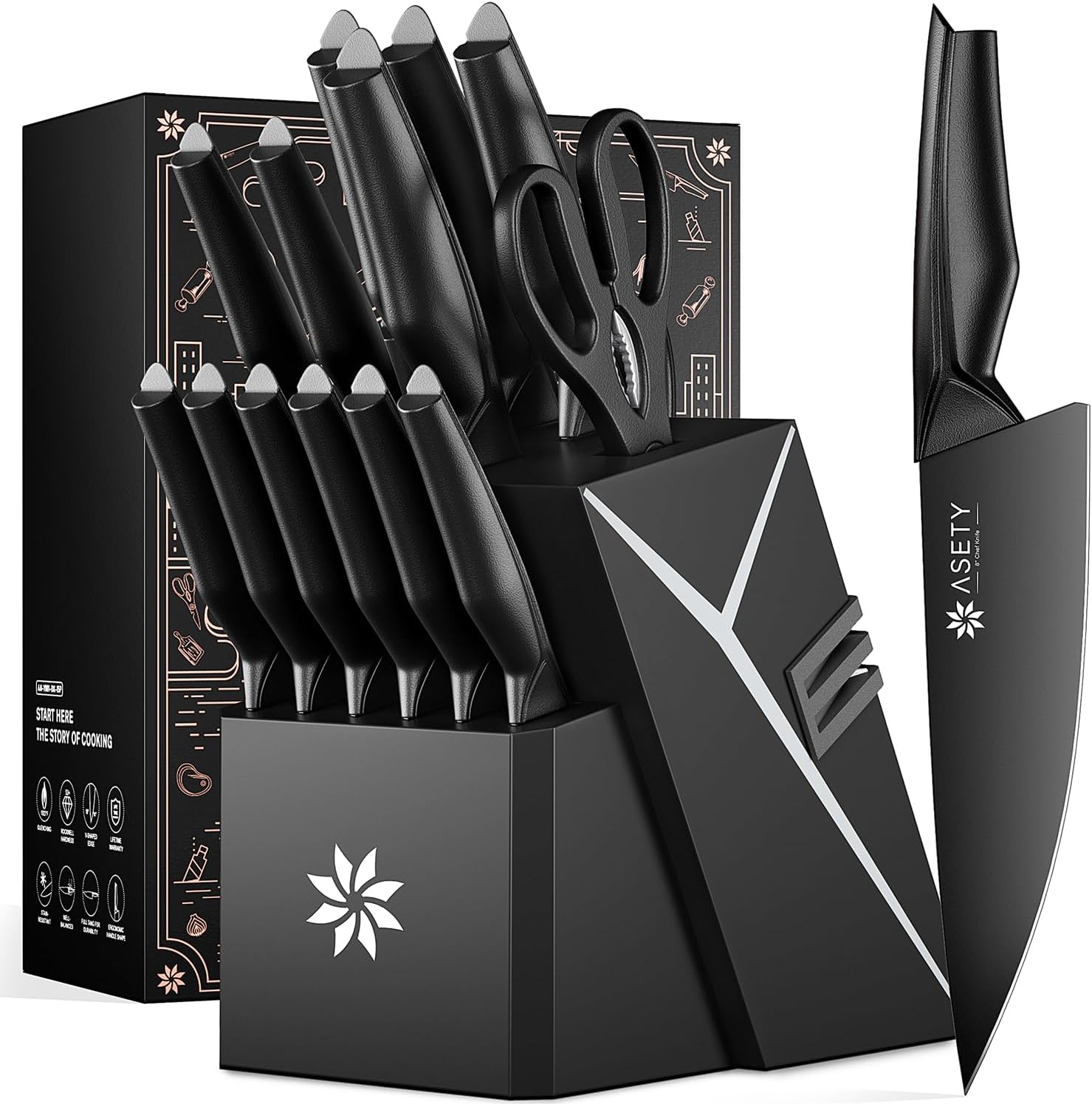 Kitchen Knife Sets with Block -15 PCS Knife Set with Bulti-in Sharpener, Dishwasher Safe, Stainless Steel Kitchen Knife with Ergonomic Handles, Sharp knives for Men and Women,Black