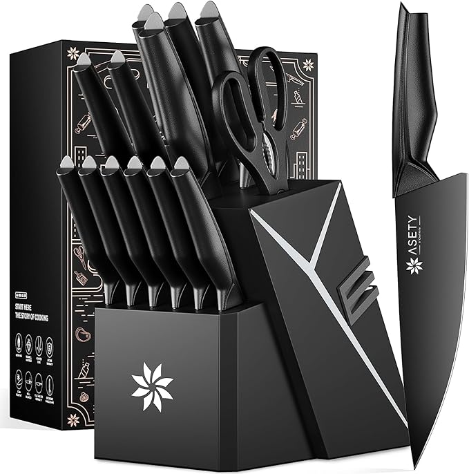 Kitchen Knife Sets with Block -15 PCS Knife Set with Bulti-in Sharpener, Dishwasher Safe, Stainless Steel Kitchen Knife with Ergonomic Handles, Sharp knives for Men and Women,Mothers Day, Black