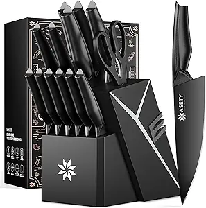 Kitchen Knife Sets with Block -15 PCS Knife Set with Bulti-in Sharpener, Dishwasher Safe, Stainless Steel Kitchen Knife with Ergonomic Handles, Sharp knives for Men and Women,Black