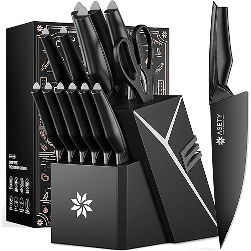 Kitchen Knife Sets with Block -15 PCS Knife Set with Bulti-in Sharpener, Dishwasher Safe, Stainless Steel Kitchen Knife with Ergonomic Handles, Sharp knives for Men and Women,Black