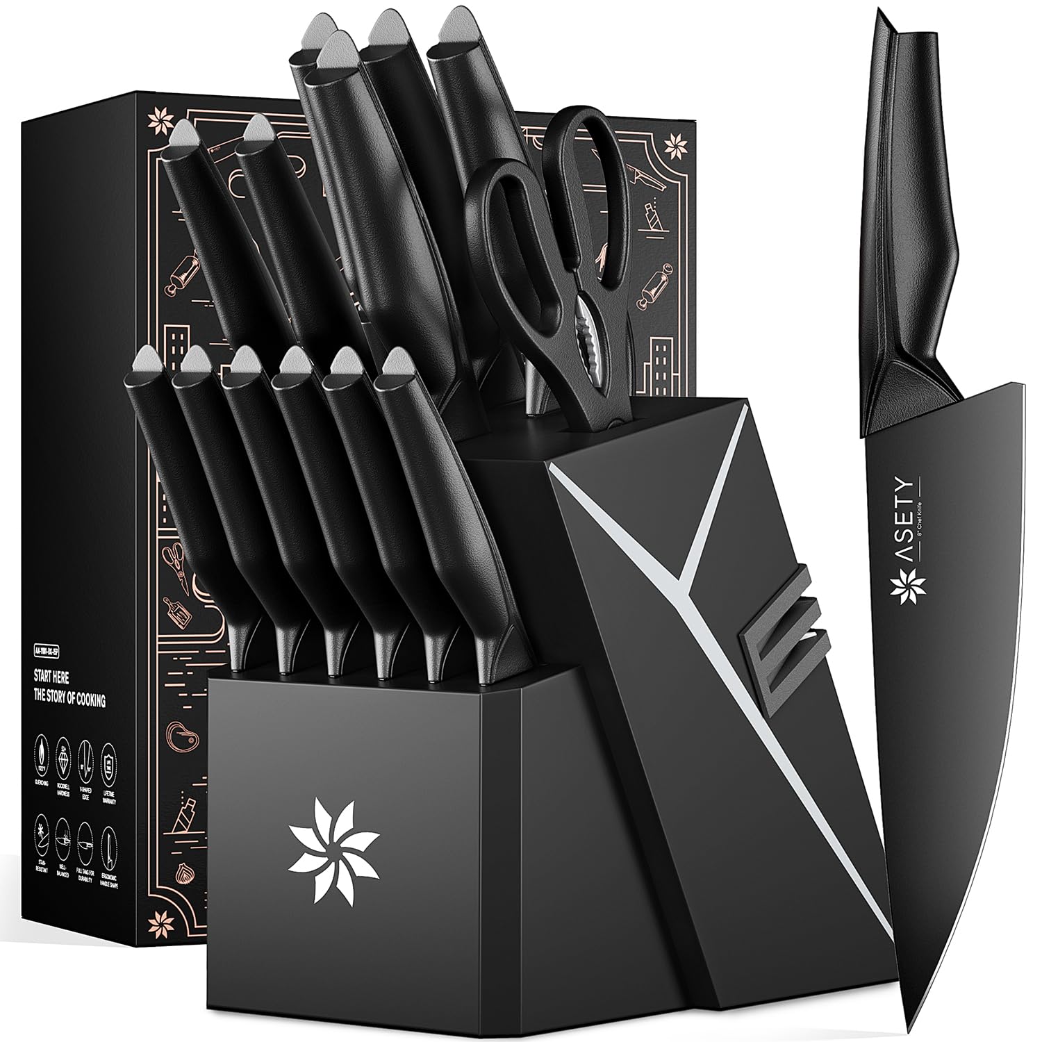 Kitchen Knife Sets with Block -15 PCS Knife Set with Bulti-in Sharpener Dishwasher Safe Stainless Steel Kitchen Knife