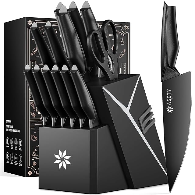 Kitchen Knife Sets with Block -15 PCS Knife Set with Bulti-in Sharpener Dishwasher Safe Stainless Steel Kitchen Knife
