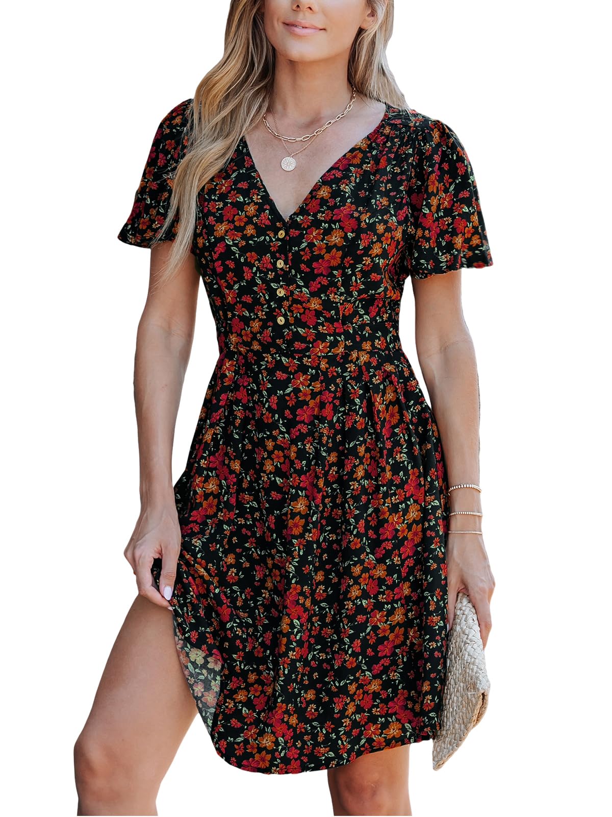 CUPSHE Women's Dress, V-Neck, Short Sleeves, Floral Pattern, Buttons, Summer Dress, Casual Dress, Beach Mini Dress