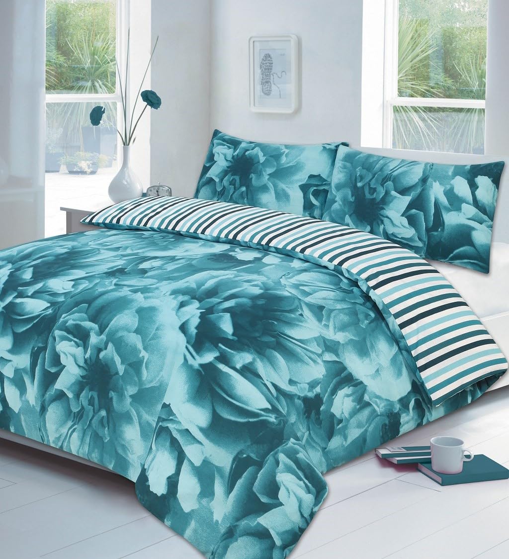 S ONE DISCOUNTS LIMITED Luxury Reversible Duvet Quilt Cover Bedding Set Double King Super King Size UK (Rose Teal, Single)