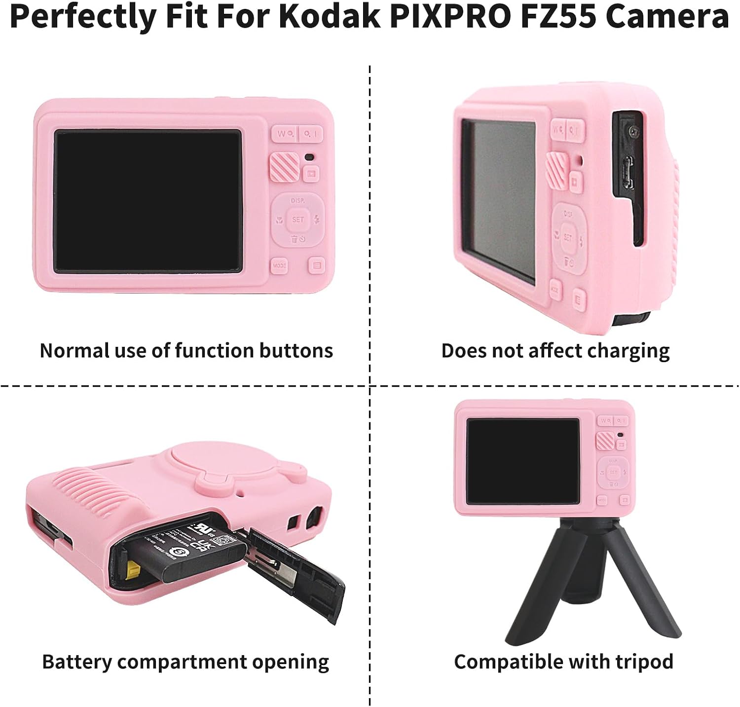 Rieibi Silicone Case for Kodak PIXPRO FZ55 Case, Accessories for Kodak PIXPRO FZ55 Camera Case with 2 Pcs Screen Protectors, Detachable Lens Cover for PIXPRO FZ55 Camera, Pink image 3