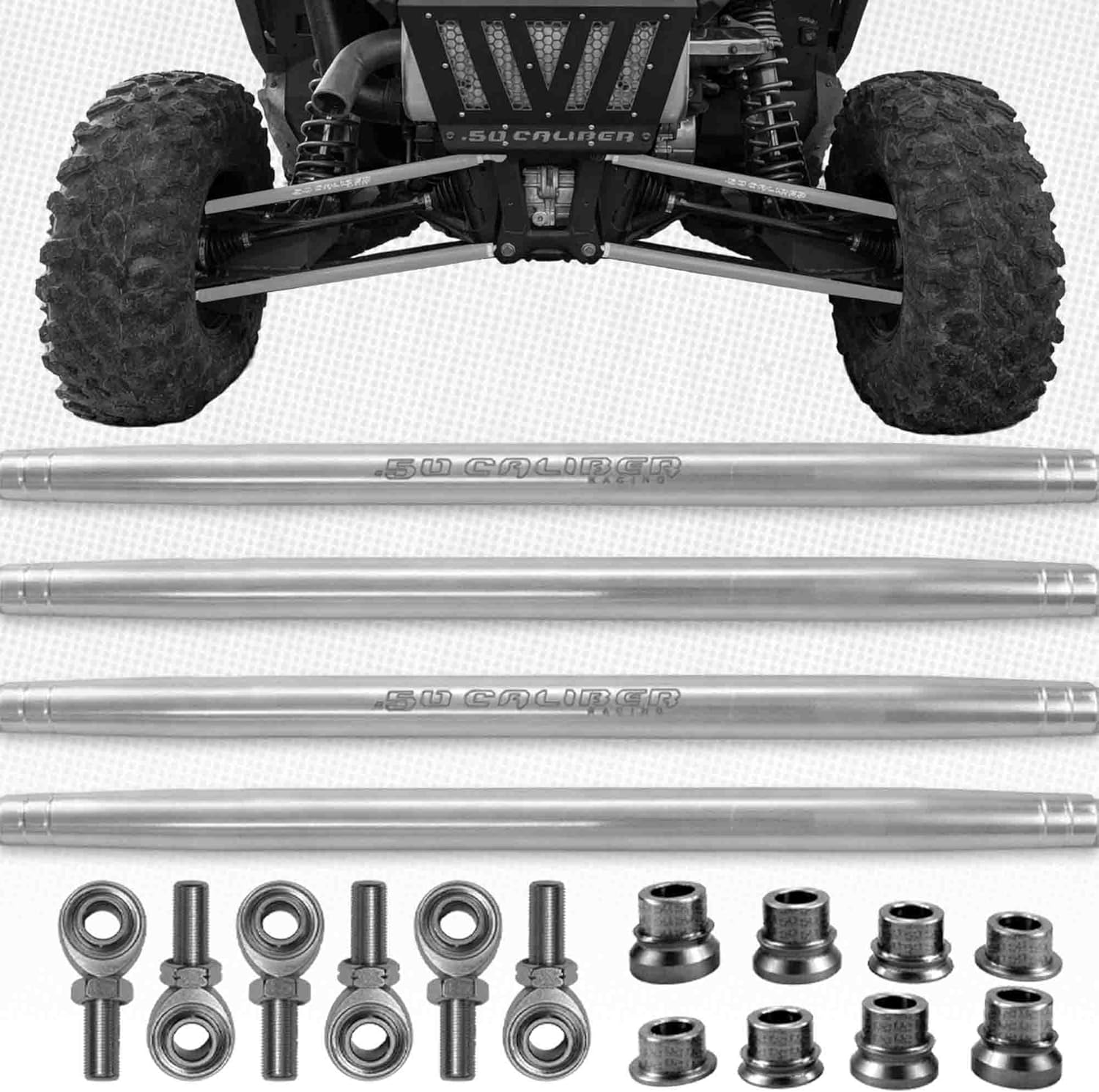 50 Caliber Racing Black Billet Aluminum Upper & Lower Radius Rods Kit w/Chromoly Heim Joints & Nuts Fits 2011-14 Polaris RZR XP900 XP 900 2 & 4 Seat [RR900-CB]