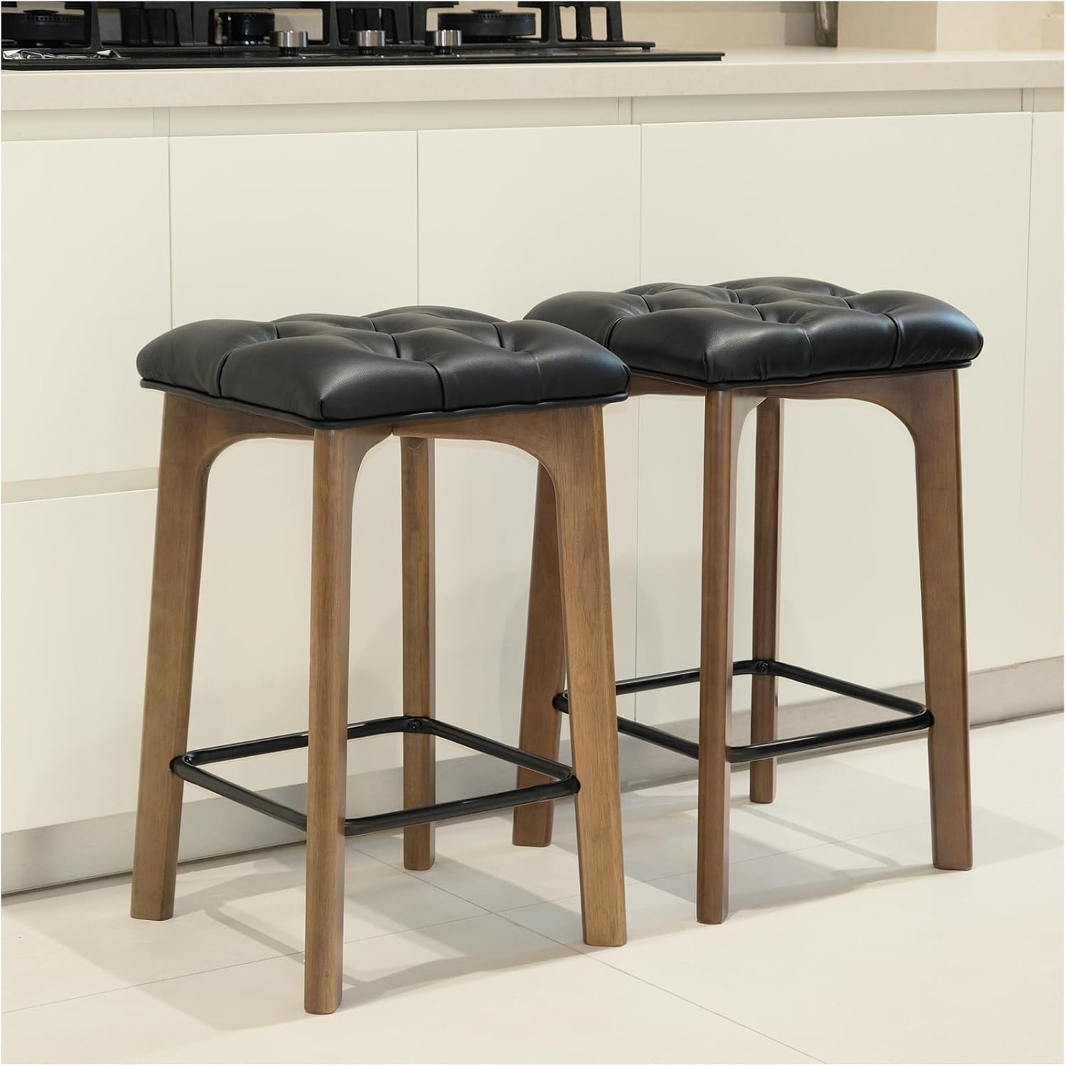 Bar Stools Set of 2, 24in Backless Counter Height Bar Stools, Modern Breathable Faux Leather Upholstered Bar Chairs with Footrest, Stools for Kitchen Counter, Island, Breakfast Bar,Restaurant Black 24In