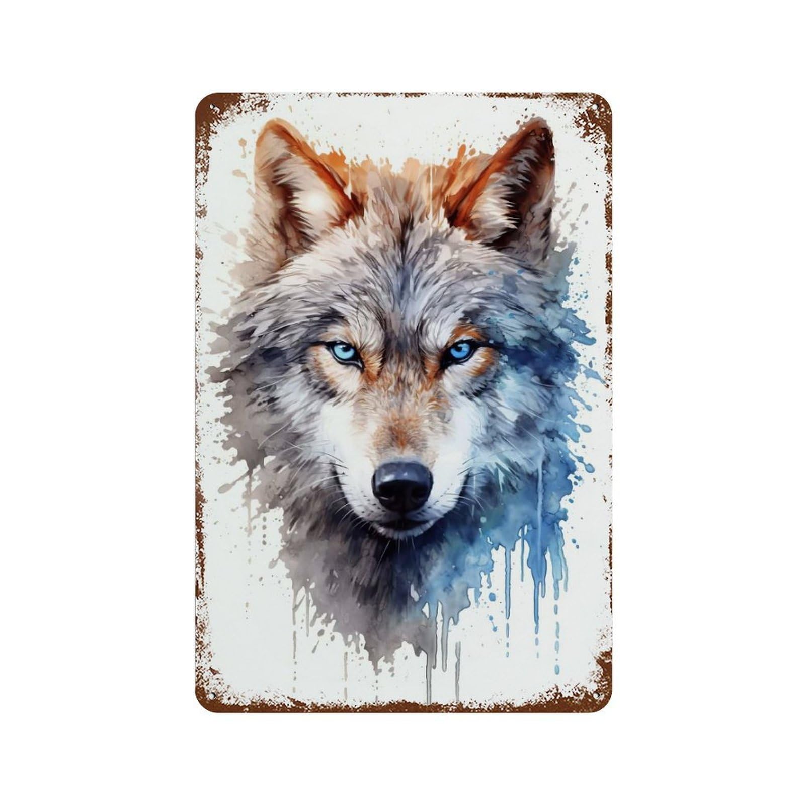 Garage Style Wolf Watercolor Rusty Metal Tin Sign 11.8"x7.9", Shabby Chic Decor for Bar And Workshop