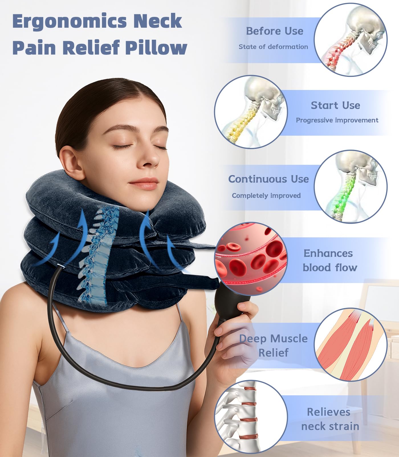 Trazione Cervicale Collare Cervicale Gonfiabile - Cuscino Cervicale da Viaggio con Maschere per dormire per Alleviare Dolore alla Colonna Cervicale Durante i Viaggi, Lavoro e Campeggio (Nero)