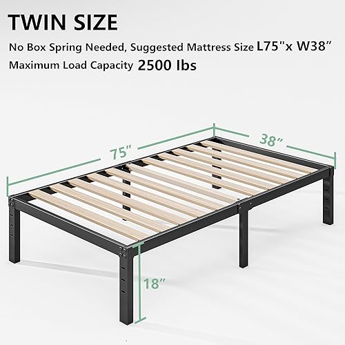 Miniatura 3 de Marco de cama de metal individual de 18 pulgadas con listones de madera resistentes, no necesita somier, plataforma duradera y resistente, tamaño