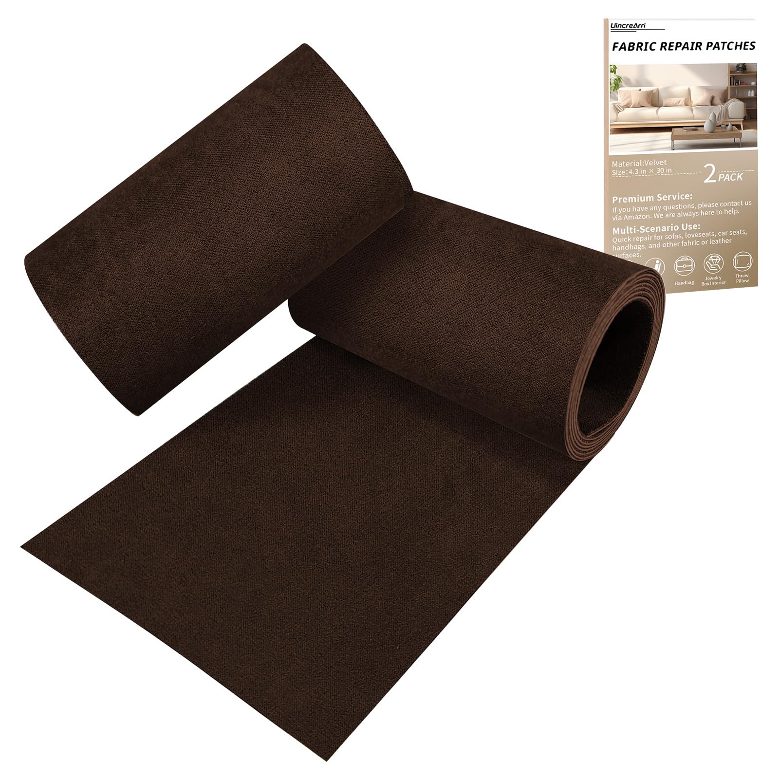 Photo 1 of UincreArri Velvet Couch Repair Patch Self Adhesive, Large Fabric Patch for Sofa & Furniture, No Sewing Repair Tape for Upholstery, Car Seat & Handbag (4.3" x 30", 2 Pack, Dark Brown)