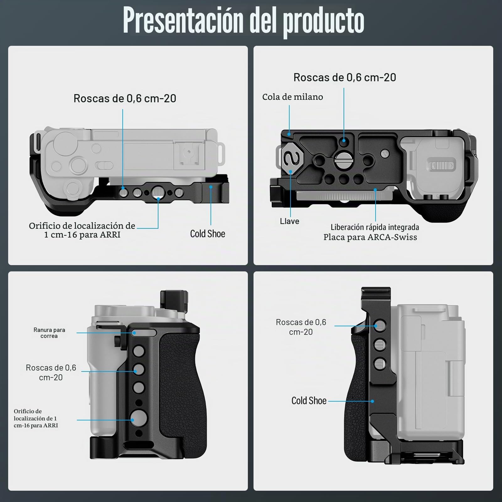 SIRUI ZV-E10 Cage Jaula para Cámara con Agarre de Silicona Extraíble y Placa de Liberación Rápida Incorporada para Arca, con Agujeros Roscados de 1/4"y 3/8" para Sony ZV-E10 - SC-ZV-E10
