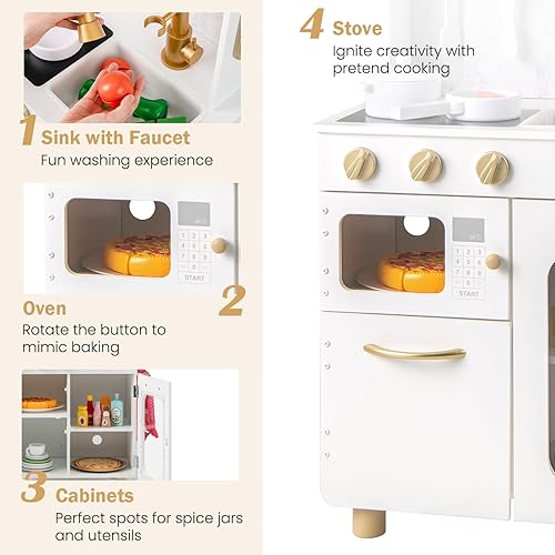 Miniatura 3 de INFANS Juego de cocina para niños, juego de cocina de madera para niños pequeños con estufa de teléfono, gabinete de almacenamiento de microondas,