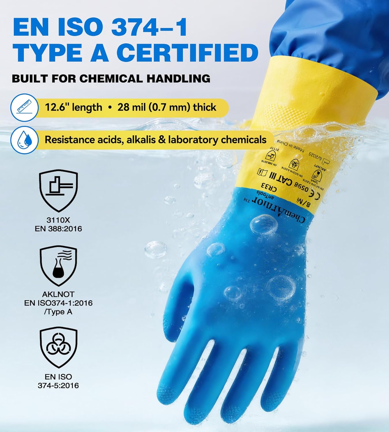 Neoprene and Rubber Blend Heavy-Duty Chemical Gloves, Protective industrial gloves for Resist Acid, Alkali, Hazmat, cleaning, dishwashing, Medium - Image 2