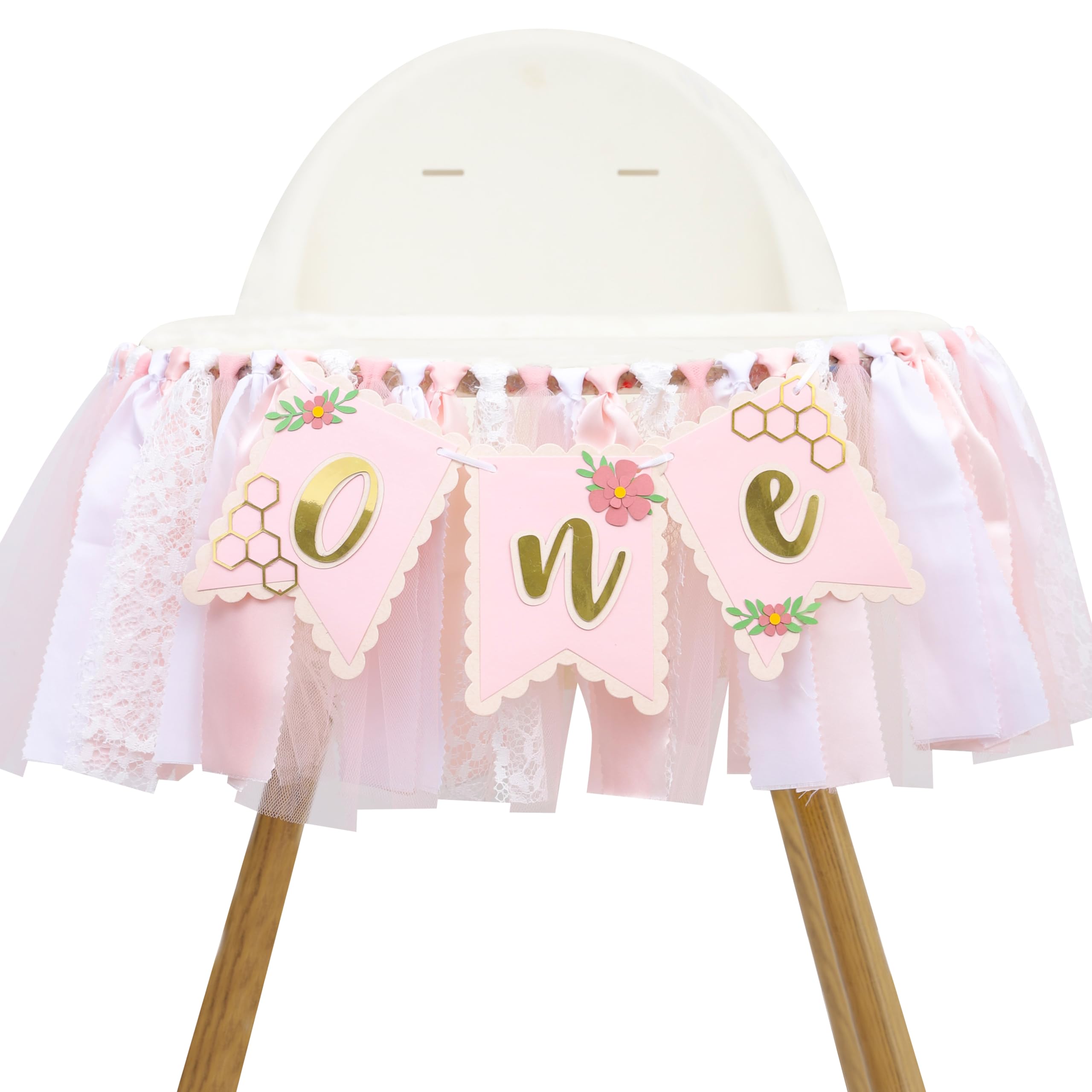 Bee One High Chair Banner - Bee for 1st Birthday Highchair Banner, Beehive Theme Birthday Party Supplies, Sweet One Party Decorations, Daisy First Photo Props (Beehive Banner Pink)