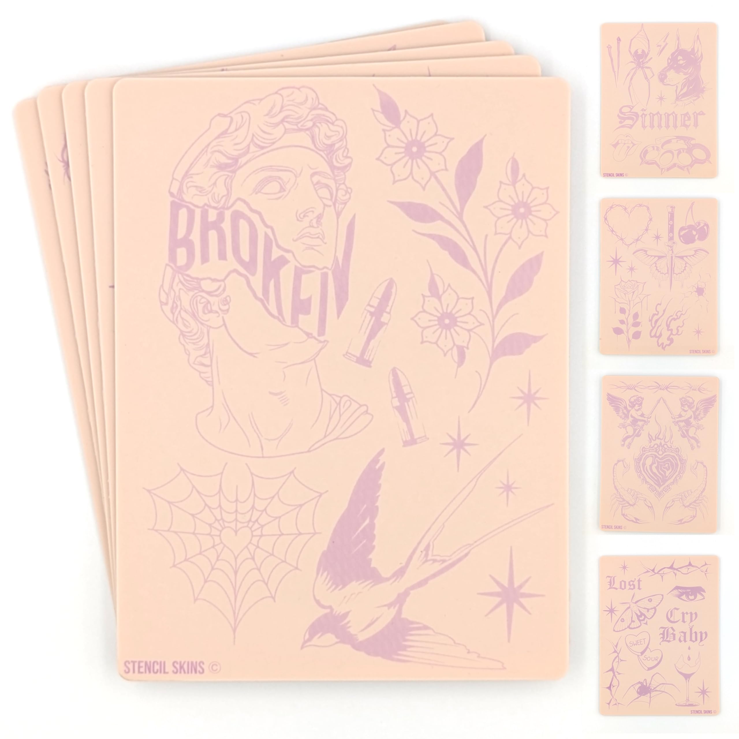 Stencil Skins Pre Printed Tattoo Practice Skin Set Patchwork 5 Mixed Motifs Patchwork Set, 3mm Silicone Fake Skin - Image 3