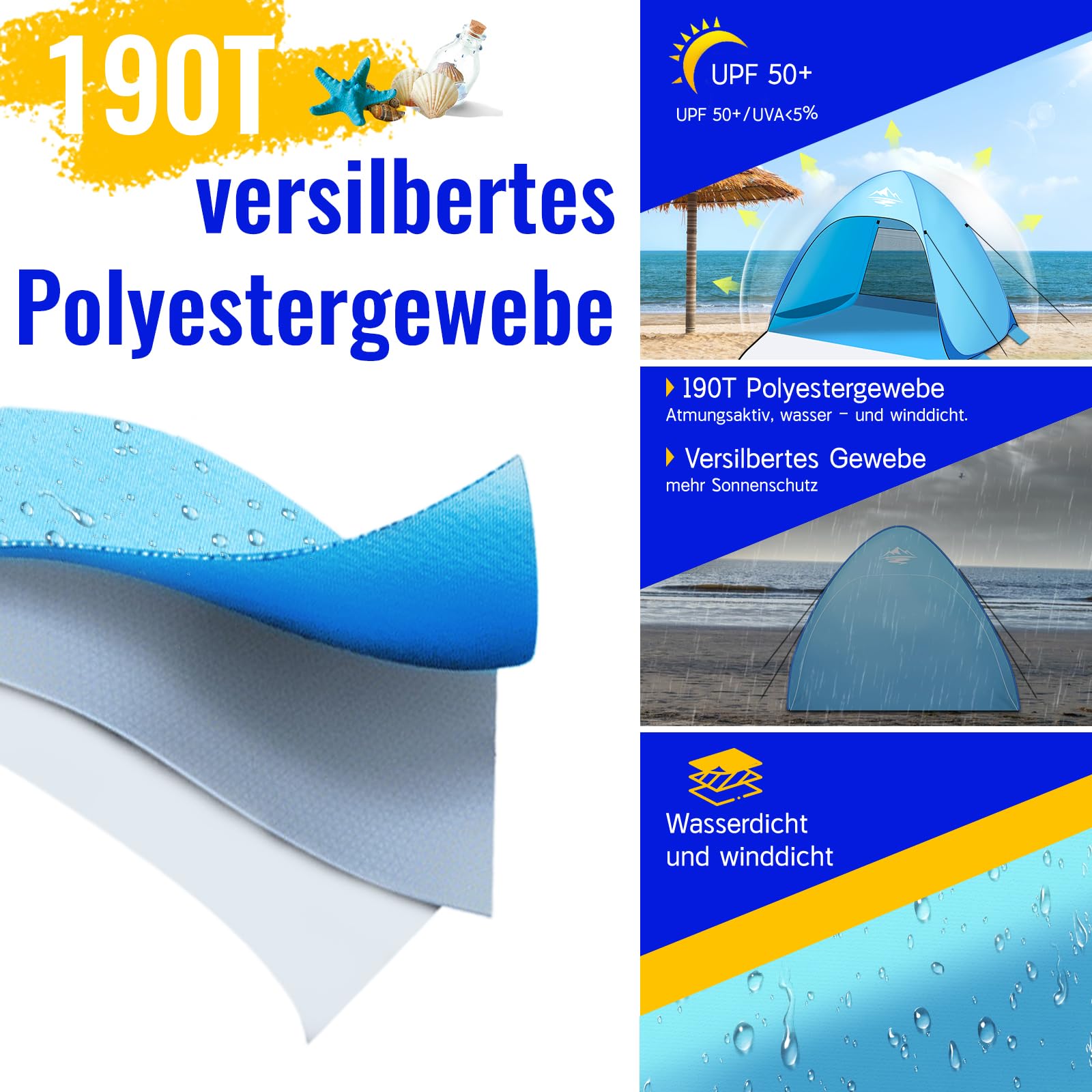 Purebox - Tente de plage pop up pour S (1 à 3) personnes/L (2 à 4) personnes - Avec double fermeture éclair - Protection UV - Portable et extra légère - Pour