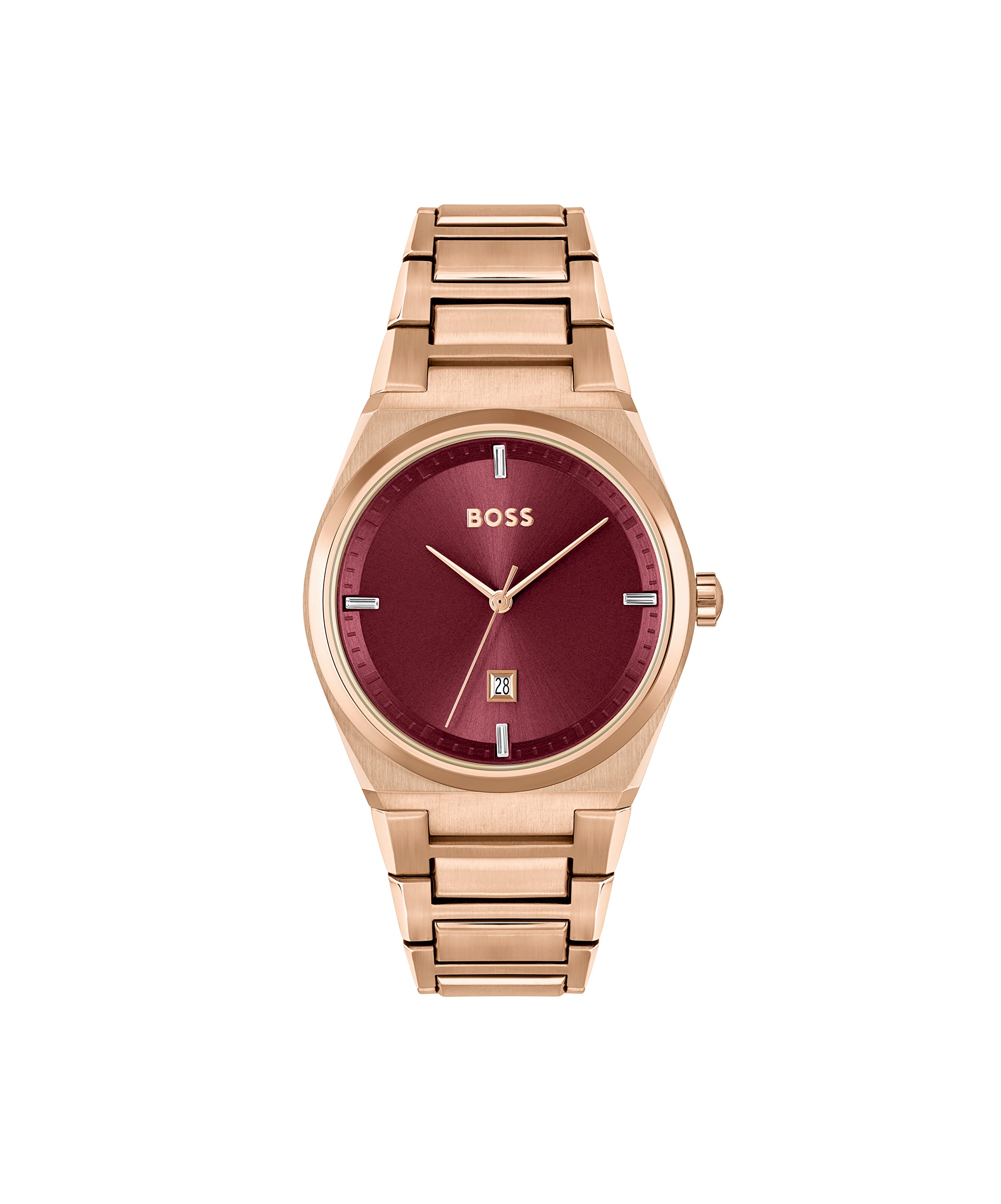 BOSS Steer Qtz Basic Calendar Red Tonneau Dial Womens Watch|Ionic Plated Carnation Gold Steel Material|Gold Color Band - 1502671 (B0B8TYD9V8) Amazon Price History, Amazon Price Tracker