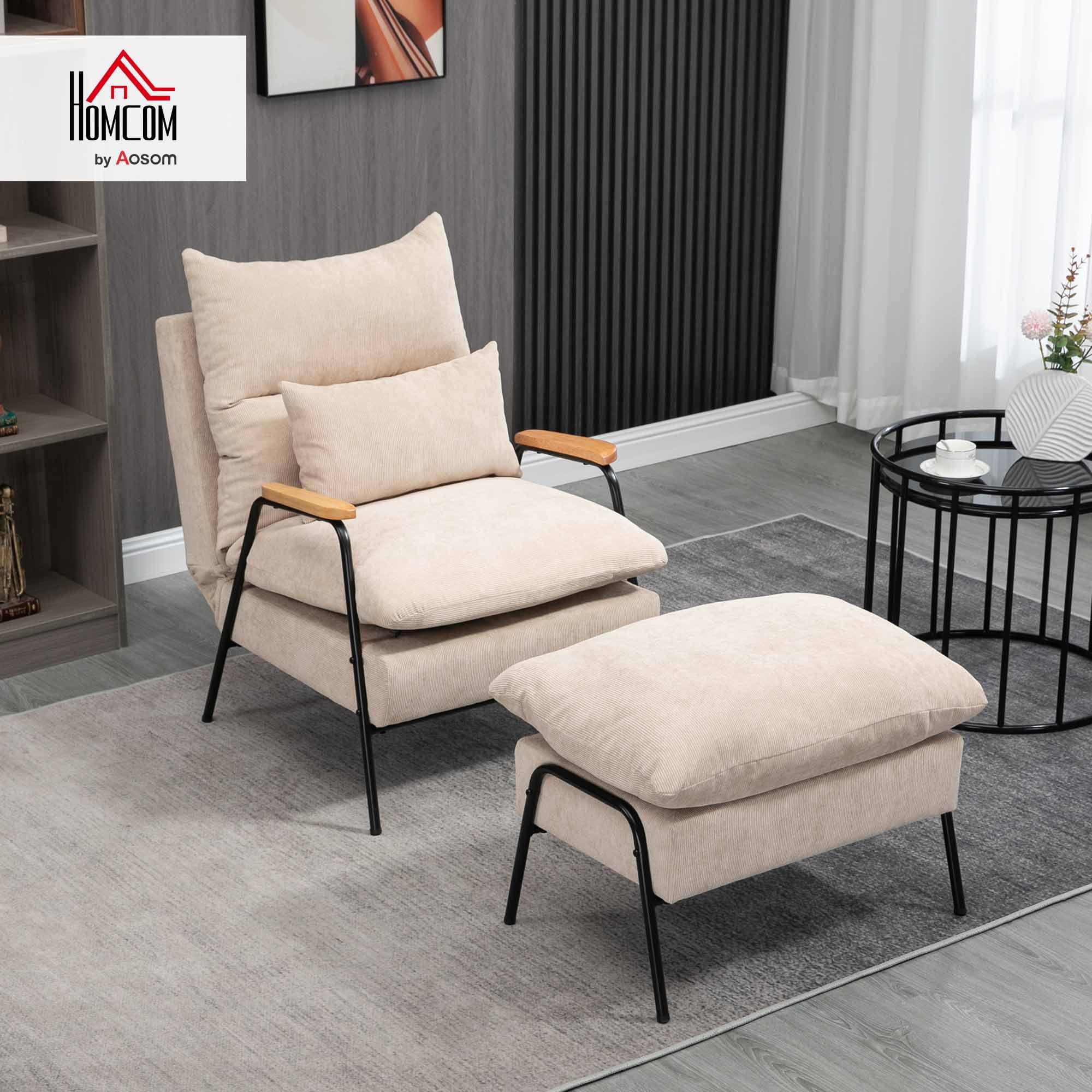 HOMCOM Sillón de Relax con Reposapiés Sillón Reclinable con Respaldo Ajustable Tapizado en Pana Marco de Acero y Cojines para Salón Dormitorio 68x91,5x88 cm Beige
