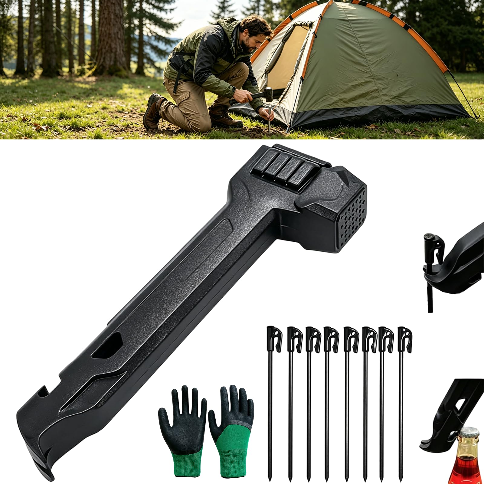 Camping Hammer with 8 Pegs, Heavy-Duty Camping Mallet for Tent Stakes with Peg Puller, Bottle Opener, Storage Handle &amp; Textured Striking Head for Hiking Backpacking (Black)