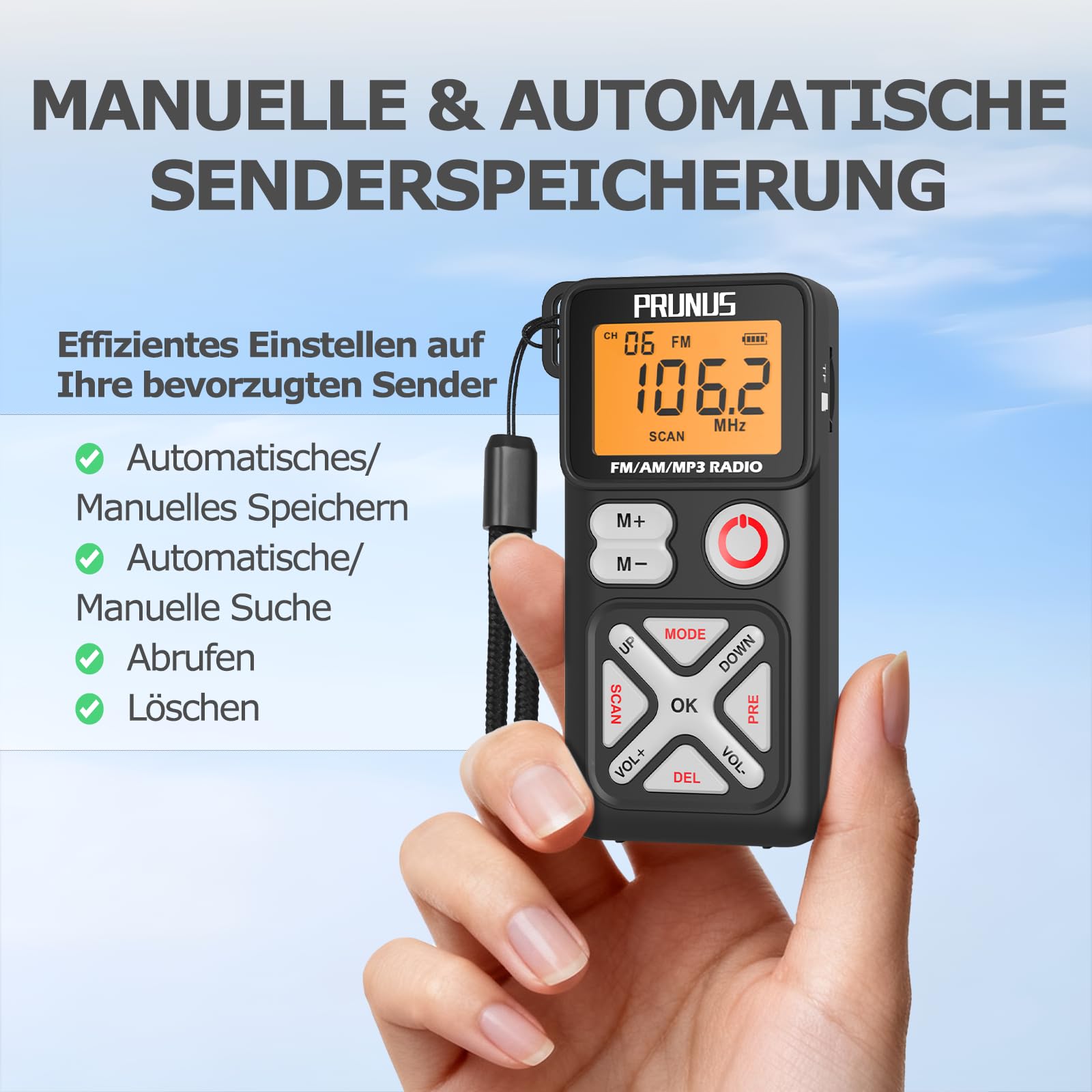 PRUNUS J-988 AM/FM/UKW Digitales Radio Klein unterstützt Manuelle Senderspeicher, Kleines Radio mit Kopfhörern/TF-Kartensteckplatz, USB-C Aufladung, Taschenradio mit Clip zum Joggen,Wandern,Reisen.