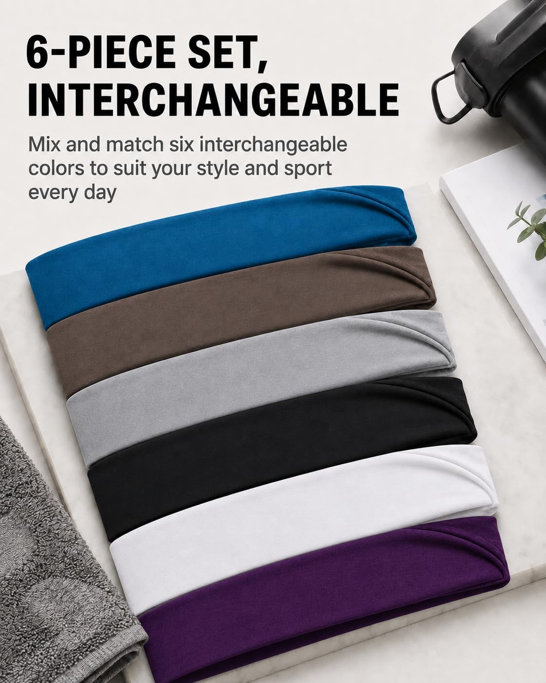 Sports Headbands for Men and Women, 6-Pack Moisture-Wicking Sweatbands for Running, Cycling, Gym, Yoga, Fitness Training